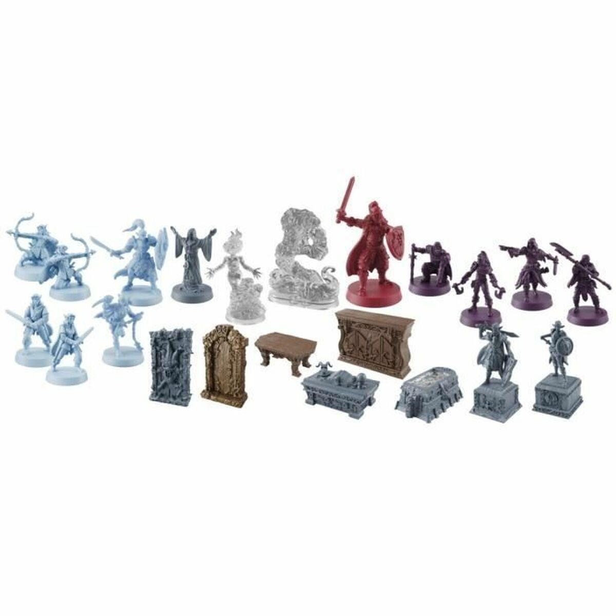 Sammlung von Miniaturfiguren, darunter Krieger, Monster und verschiedene Dungeon-Elemente wie Möbel und Statuen, in mehreren Farben.