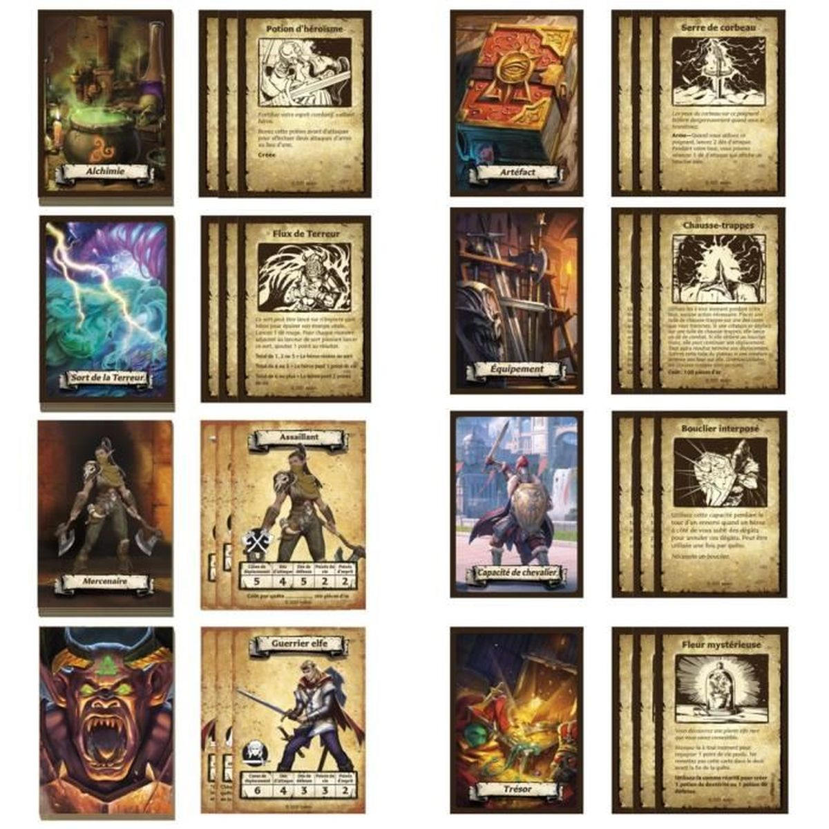 Karten mit Fantasy-Kunst. Es gibt eine Karte mit Tränken, einem Monster, einem Krieger und einem Schatz.