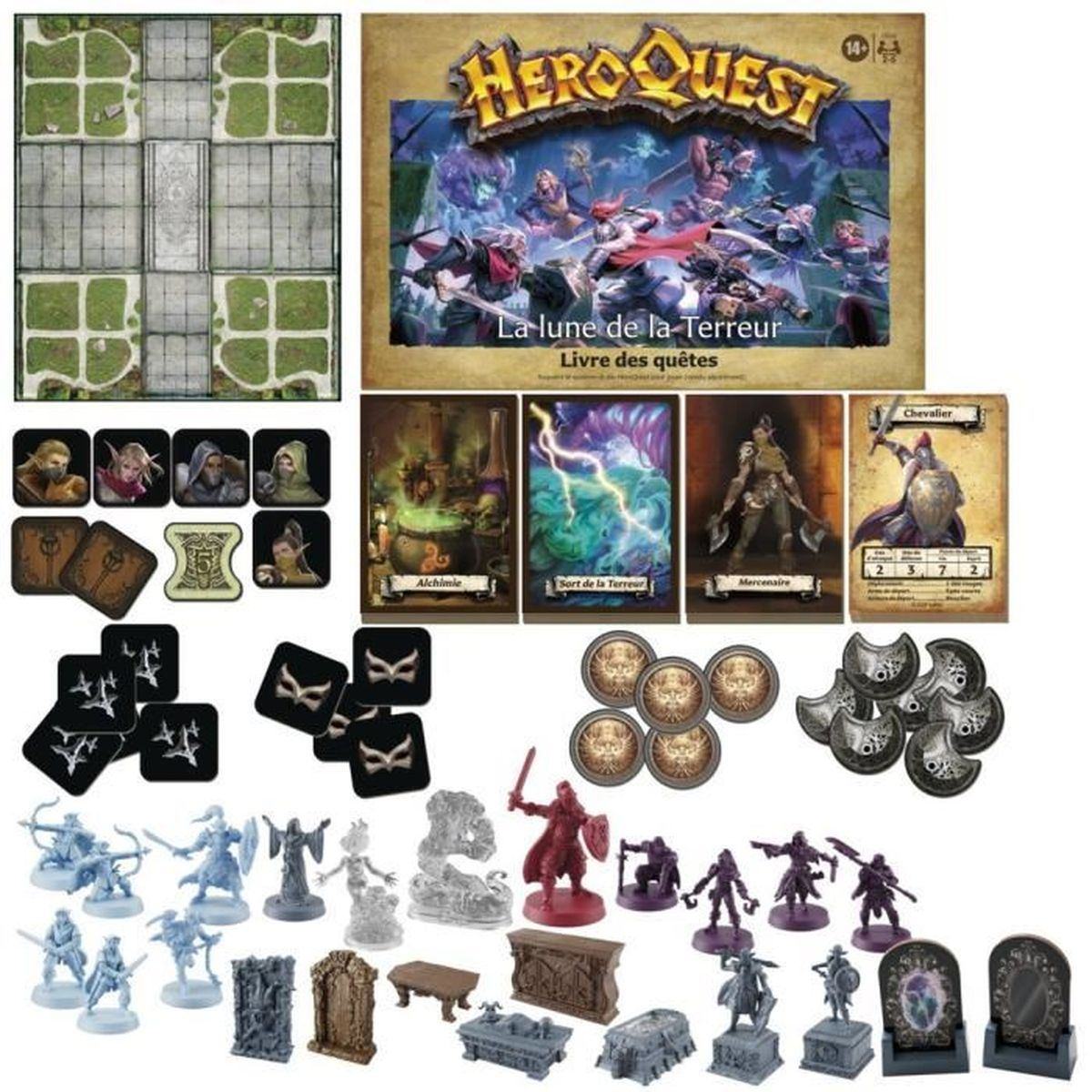 Brettspielkomponenten: Spielbrett, Schachtel, Karten, Miniaturen. HeroQuest-Spiel. Figuren von Helden und Monstern sind sichtbar.