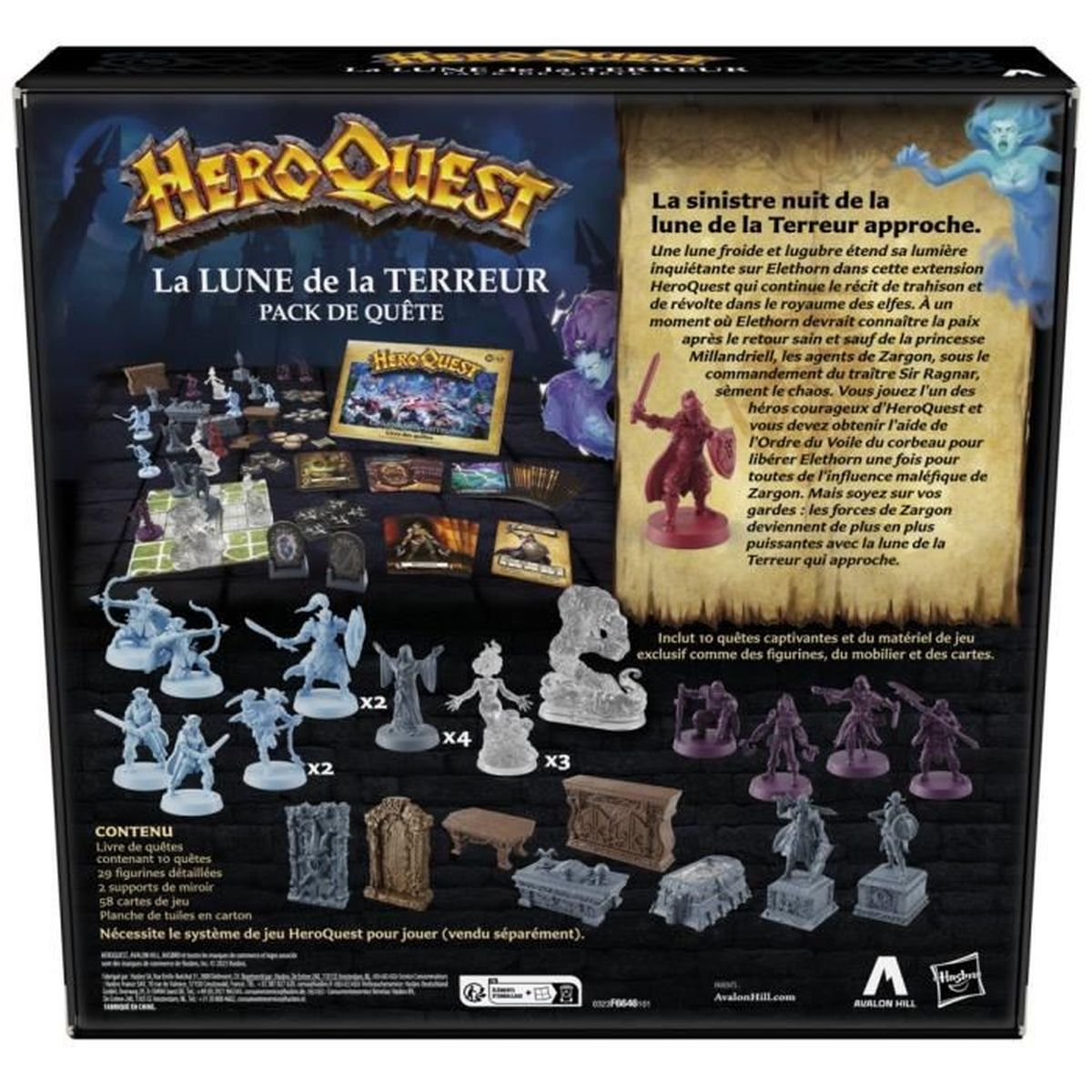 Schachtel des HeroQuest-Spiels mit Miniaturen, Karten und Text auf Englisch und Französisch. Der Titel lautet "La Lune de la Terreur".