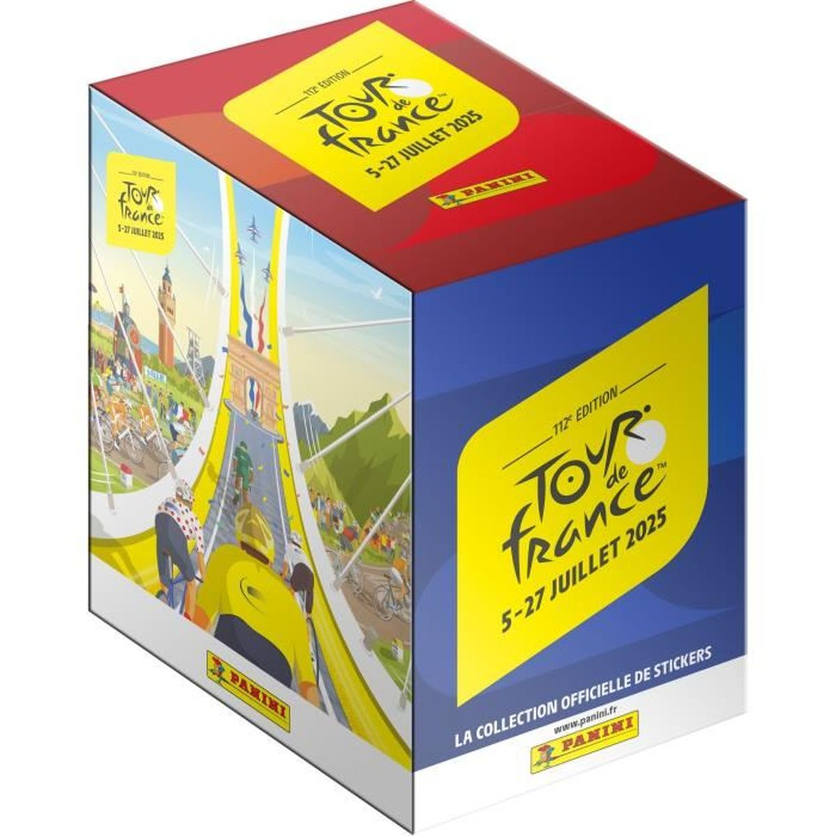 Scatola per adesivi del Tour de France 2025. Raffigura ciclisti, l'Arco di Trionfo e il logo del Tour de France. Colori: giallo, rosso e blu.