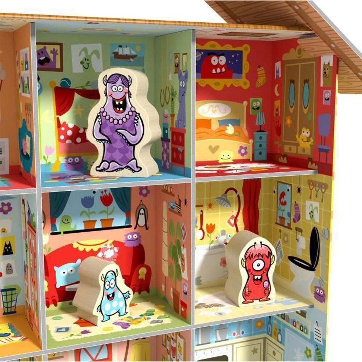 Ein farbenfrohes Puppenhaus mit Monsterfiguren in verschiedenen Zimmern. Jedes Zimmer hat ein Thema. Monster in Lila, Blau und Rot.