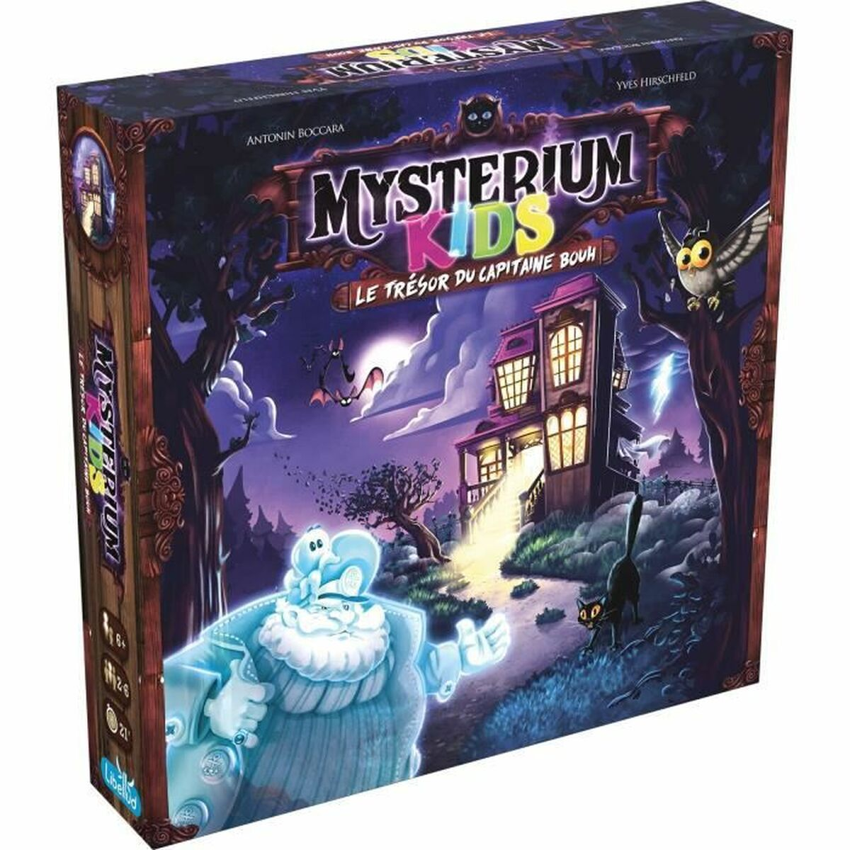 Doosontwerp voor het spel Mysterium Kids. Toont een spookhuis, een geest, een uil, een zwarte kat en vleermuizen.