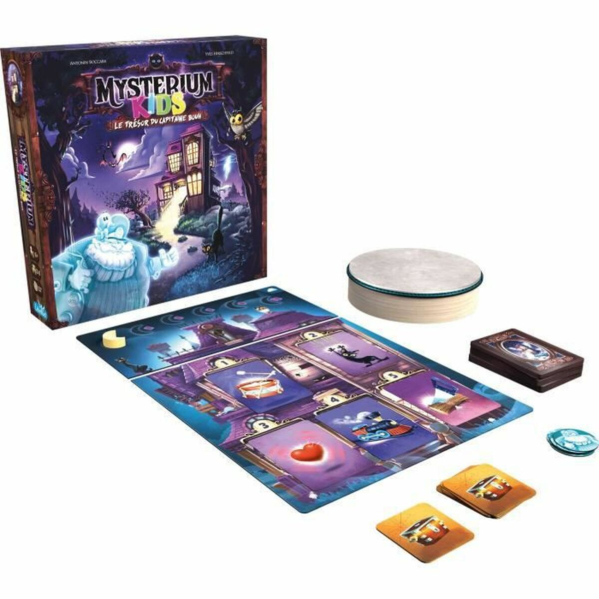 Mysterium Kids bordspel. Doos met kunst van geesten, huizen en uilen. Bord met kaarten, fiches en een stapel ronde kaarten.