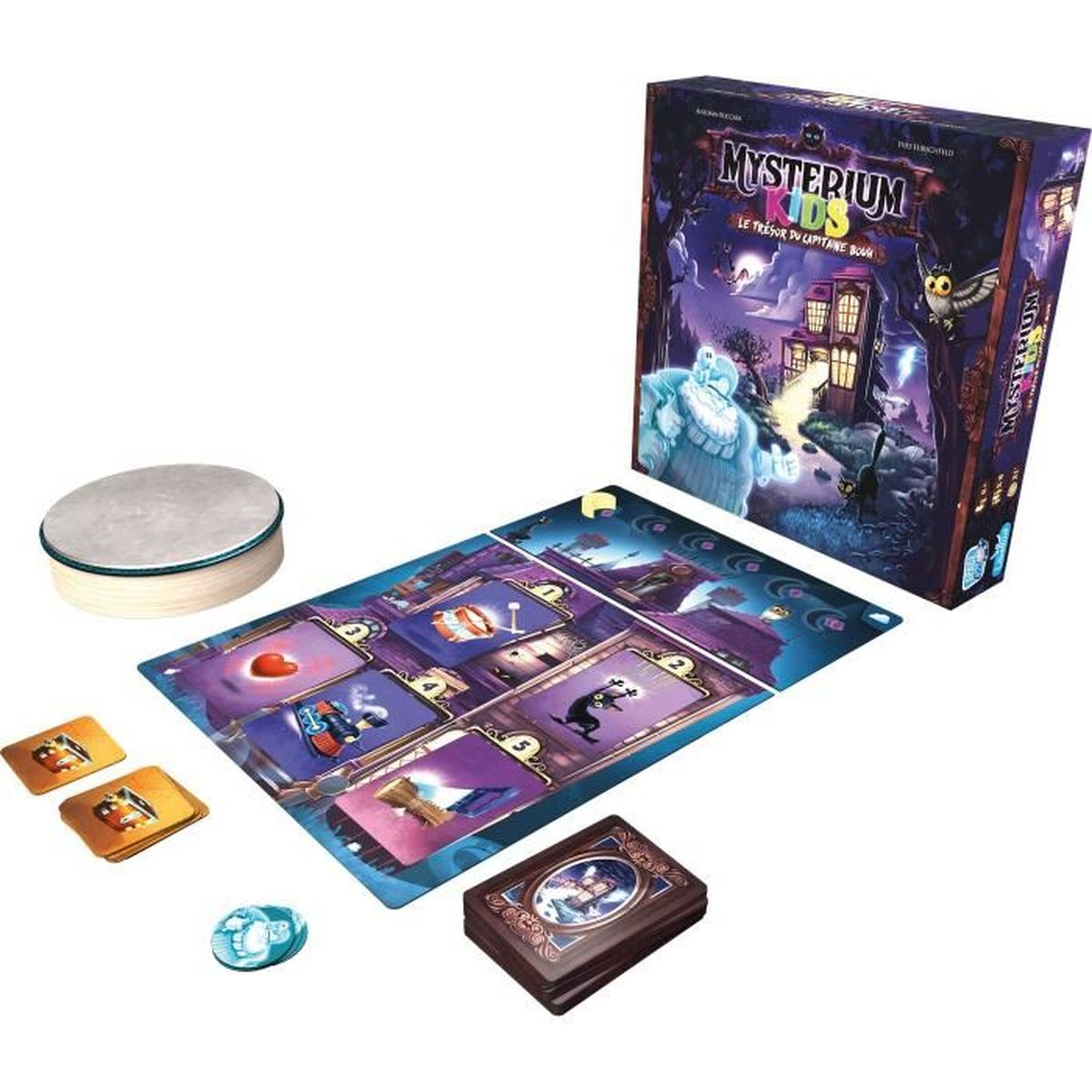 Mysterium Kids bordspel op wit oppervlak. Inclusief doos, spelbord, kaarten, fiches en een trommel.