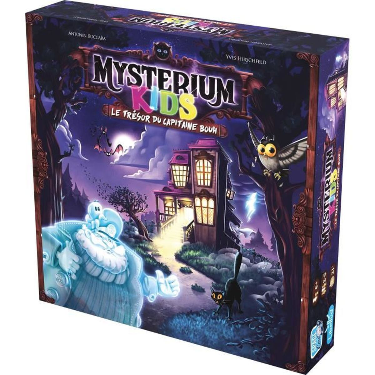 Doosontwerp voor Mysterium Kids. Toont een spookhuis, geest, uil, zwarte kat en vleermuizen tegen een nachthemel.