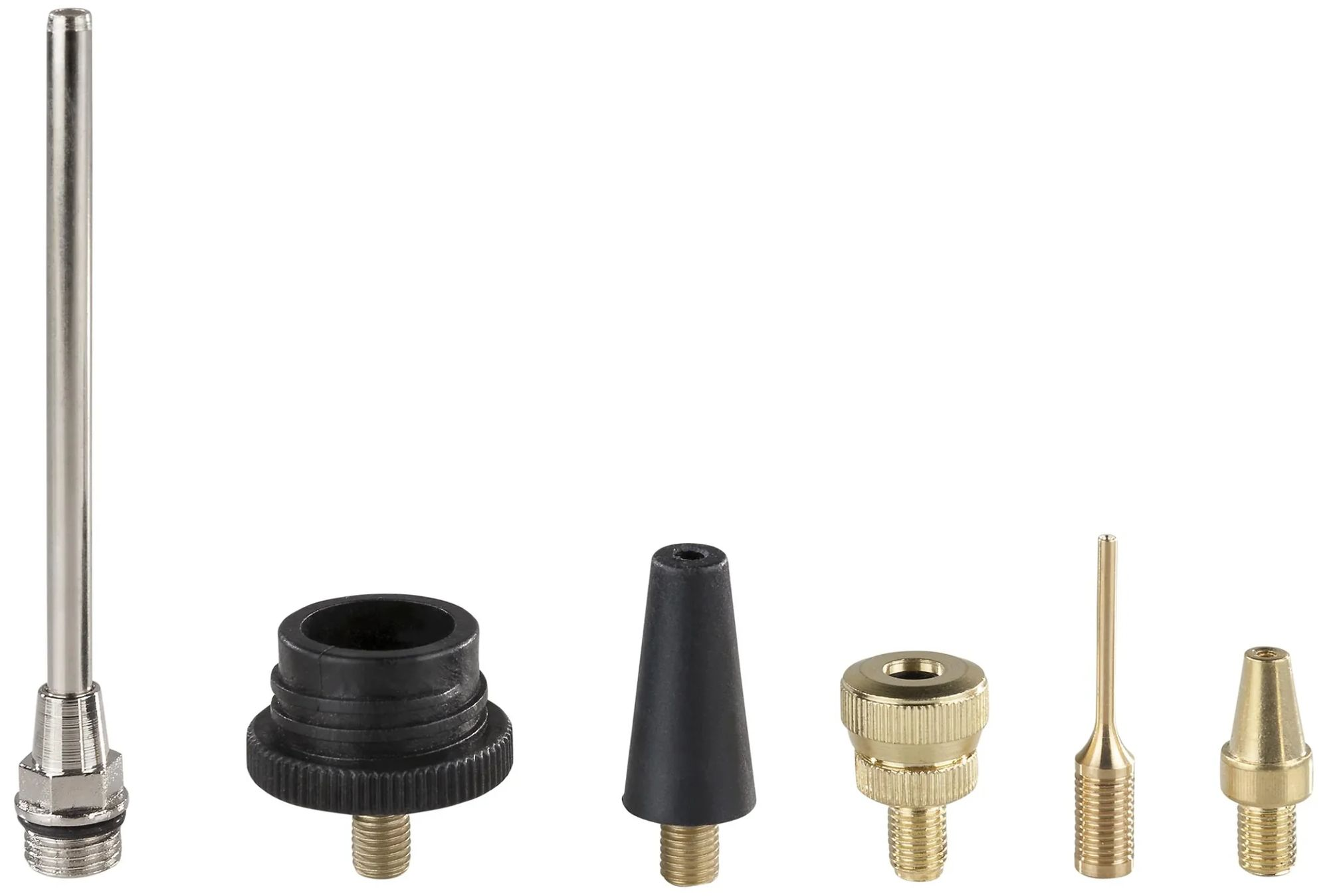 Das Bild zeigt verschiedene silberne und Messing-Luftpumpenaufsätze, darunter Düsen und Adapter, auf weißem Hintergrund.