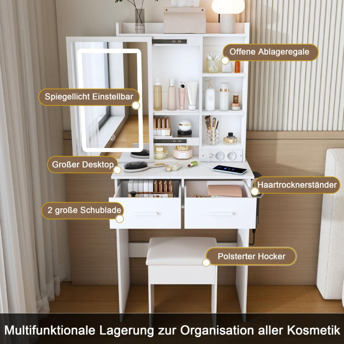 Ein weißer Schminktisch mit beleuchtetem Spiegel und Stauraum. Er hat Schubladen, Regale und einen Hocker. Verschiedene Schönheitsprodukte sind ausgestellt.