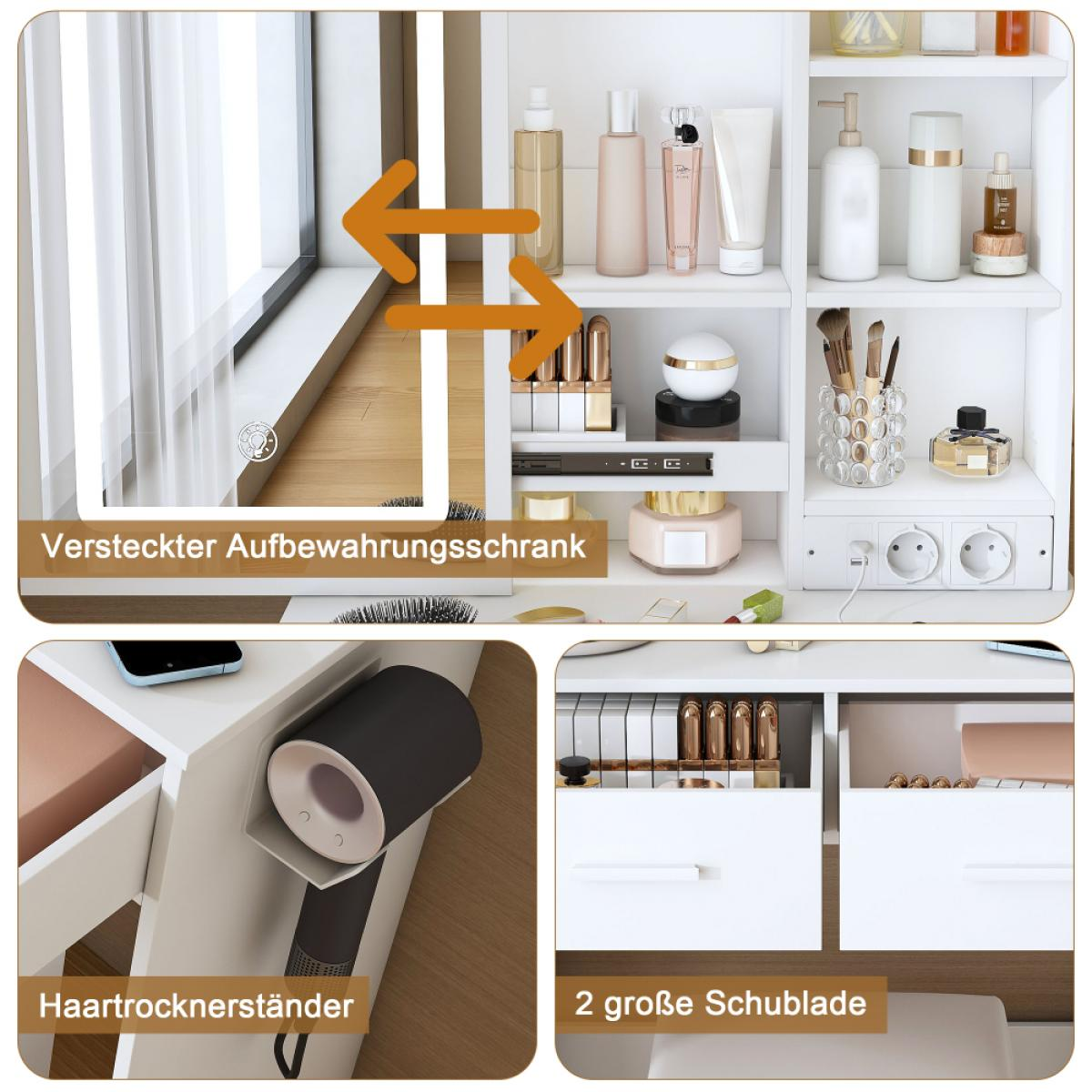 Weißer Schminktisch mit Spiegel, Kosmetik, Fön und Schubladen. In Abschnitten mit deutschen Textbeschriftungen angezeigt.