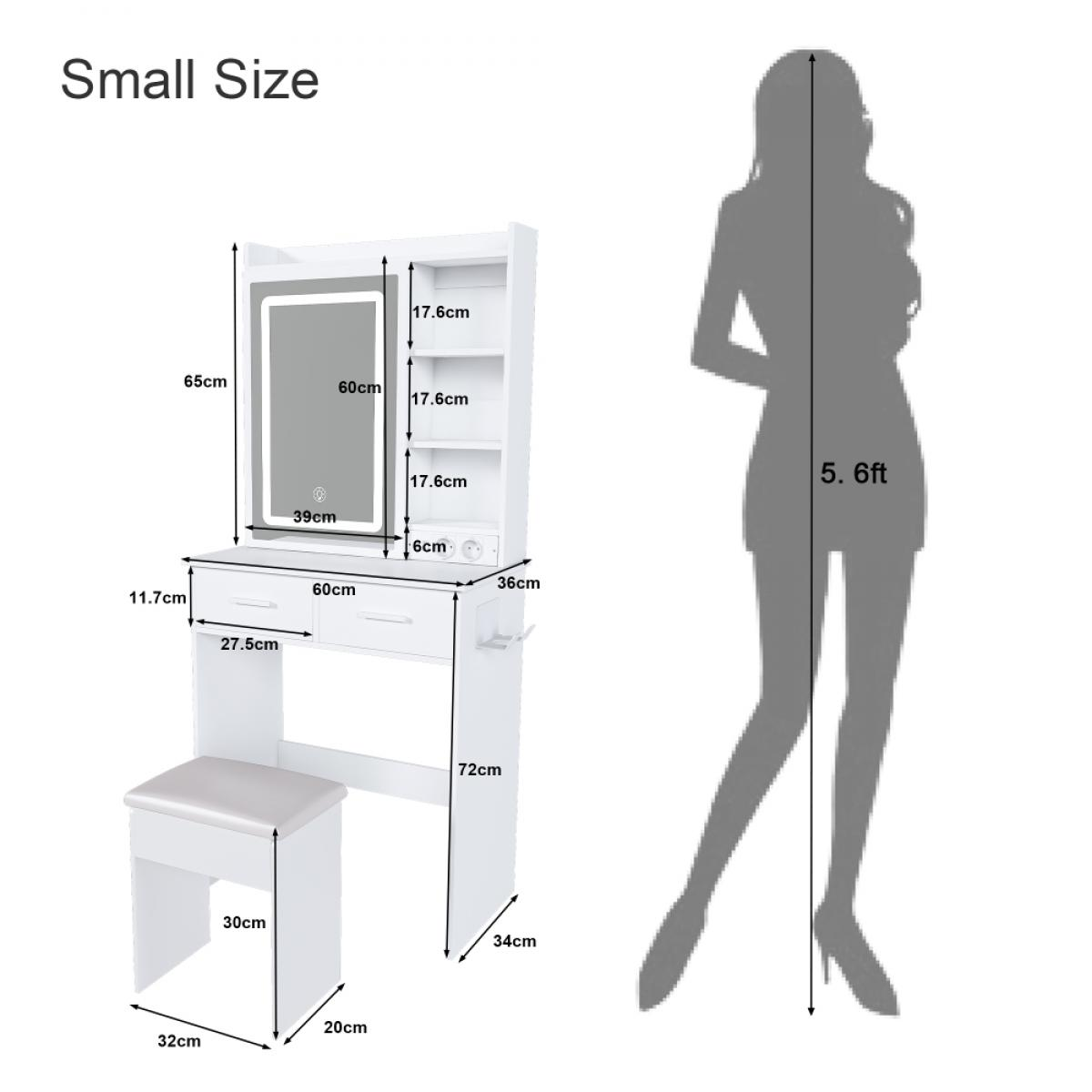 Ein weißer Schminktisch mit Spiegel, Regalen und Hocker. Eine Silhouette zeigt eine Höhe von 5,6 Fuß.