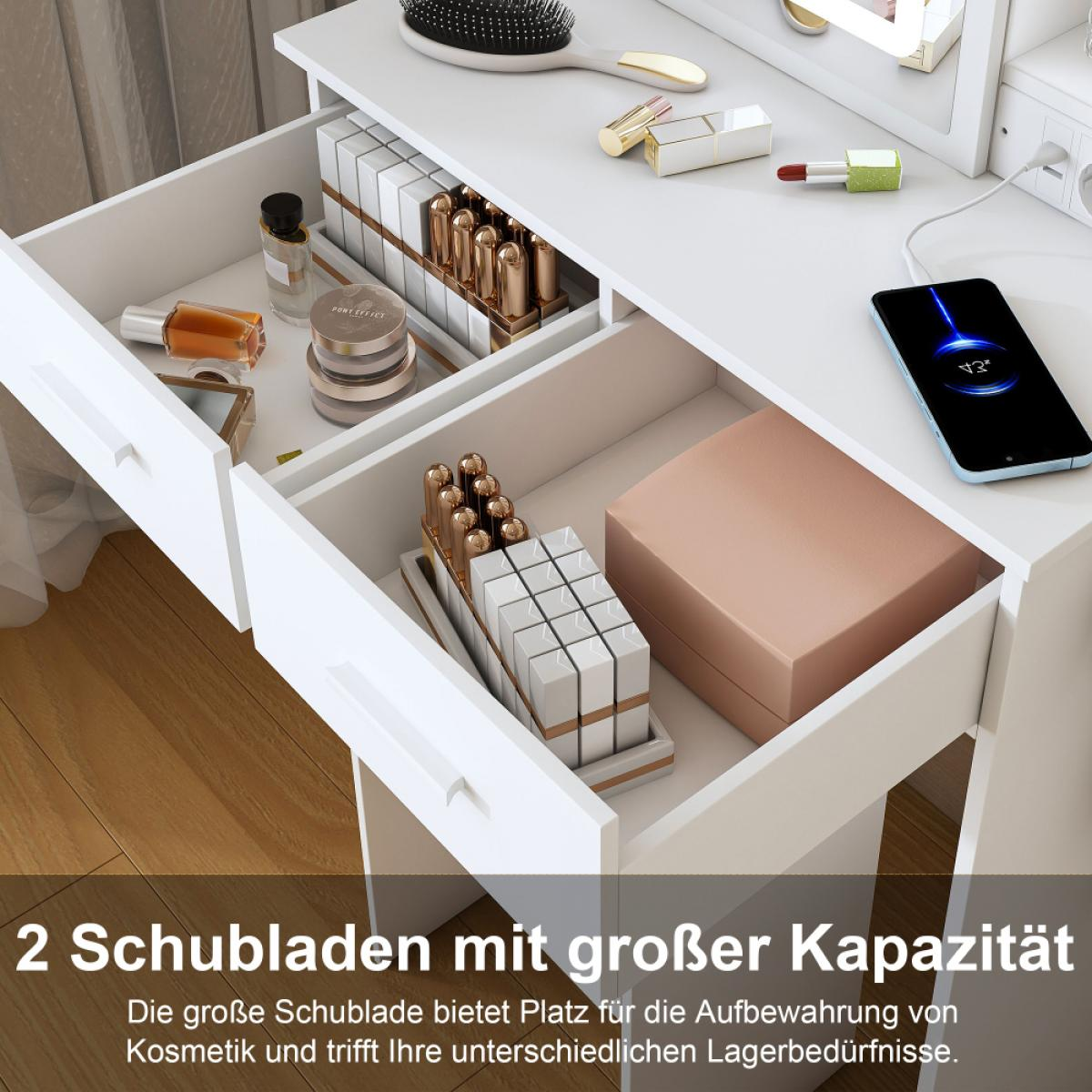 Weißer Schminktisch mit offenen Schubladen voller Make-up. Ein Telefon wird aufgeladen. Text: '2 Schubladen mit großer Kapazität'.