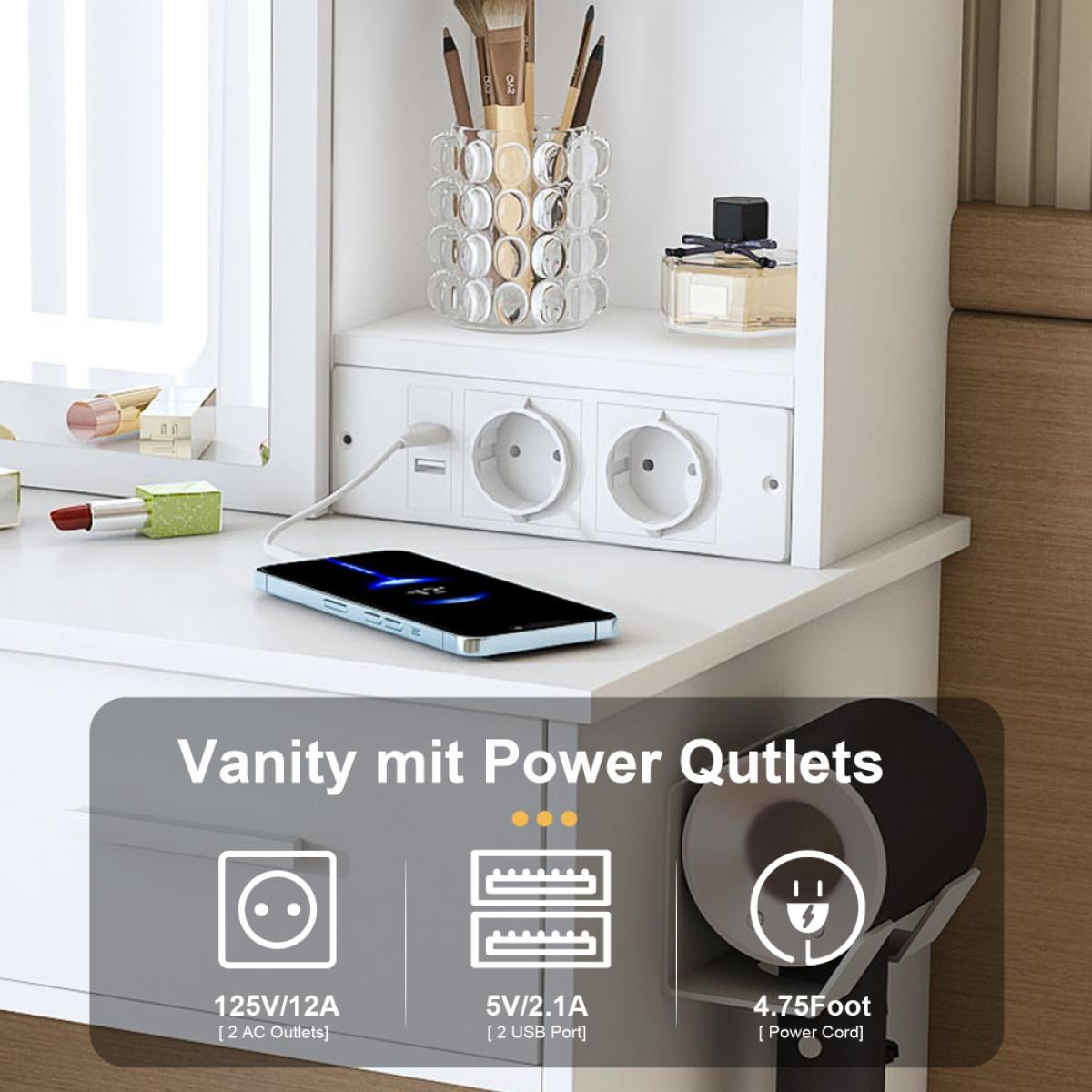 Ein weißer Schminktisch mit Steckdosen, Aufladen des Telefons, Make-up-Pinseln und einer Parfümflasche. Text: 'Vanity mit Power Outlets'.