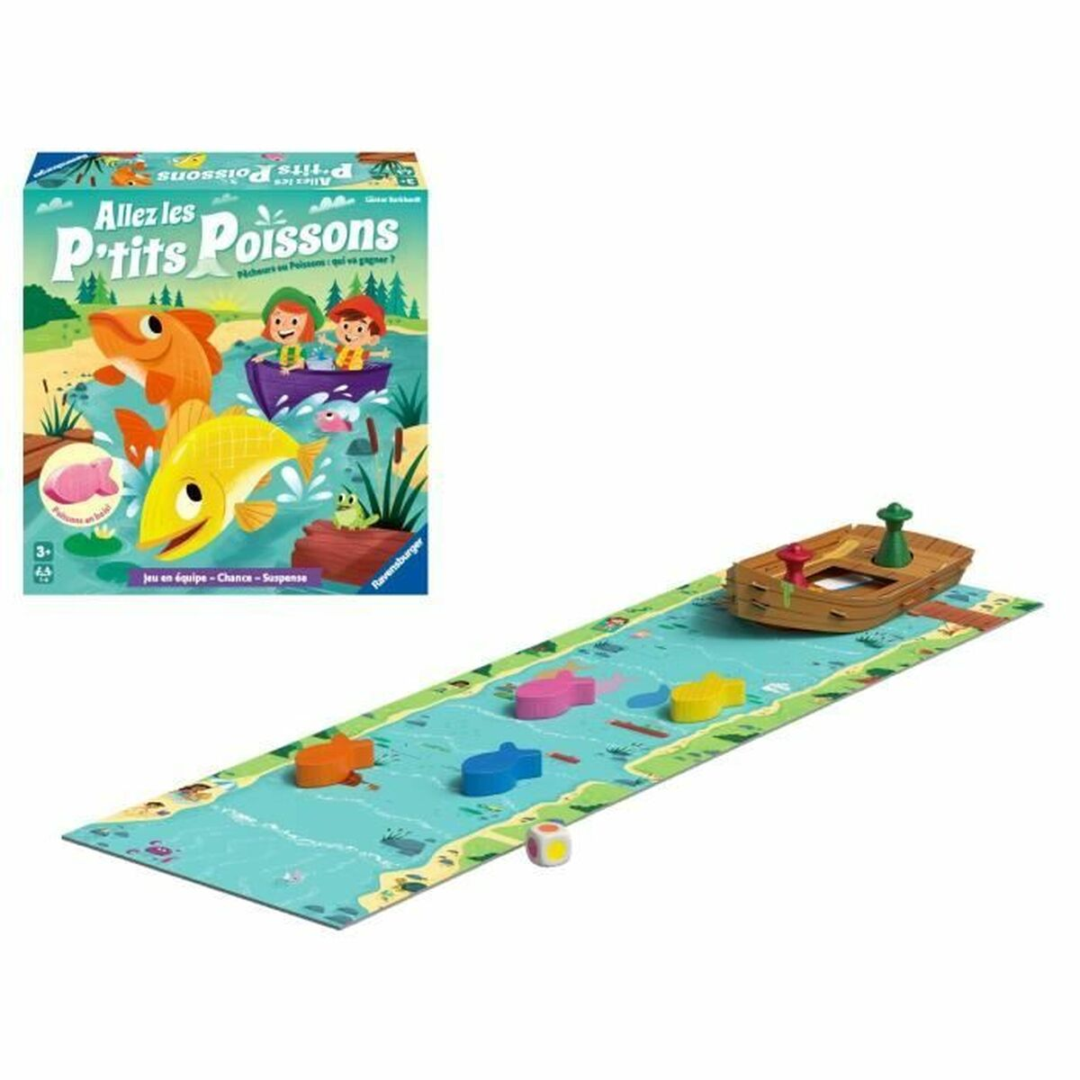 Een bordspel met een rivierachtig parcours, visvormige pionnen, een boot en een dobbelsteen. De doos toont vissen en kinderen in een boot.
