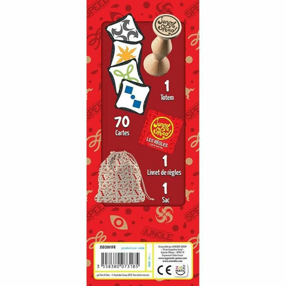 Rode doos met Jungle Speed spellen: kaarten, houten totem, regelboek en zakje. Franse tekst.