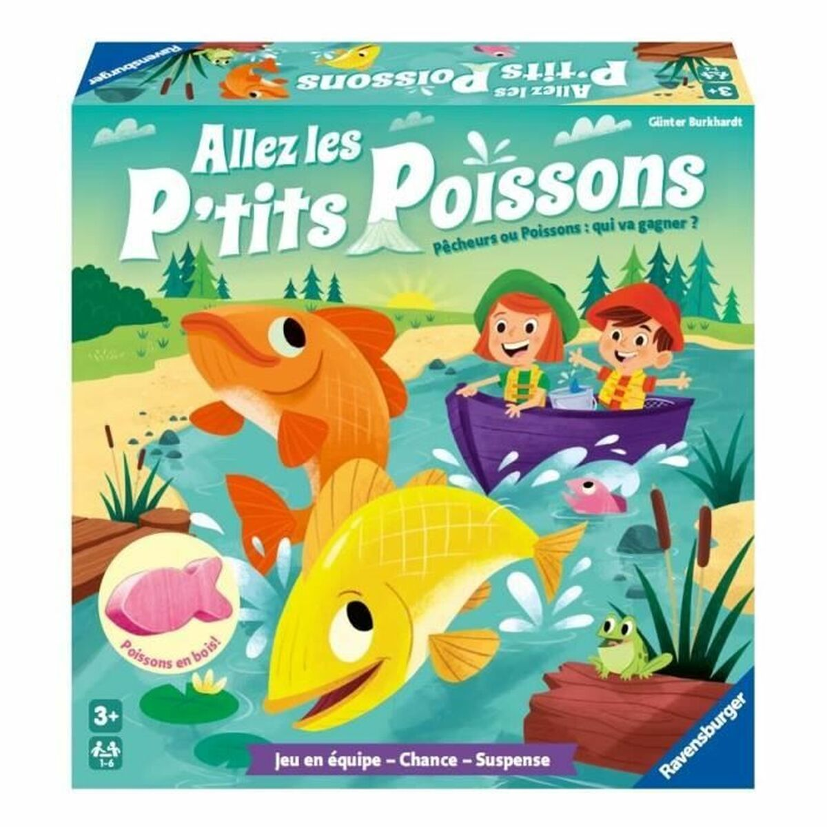 De doos van een bordspel toont cartoonvissen, kinderen in een boot en een kikker. Het spel heet 'Allez les P'tits Poissons'.
