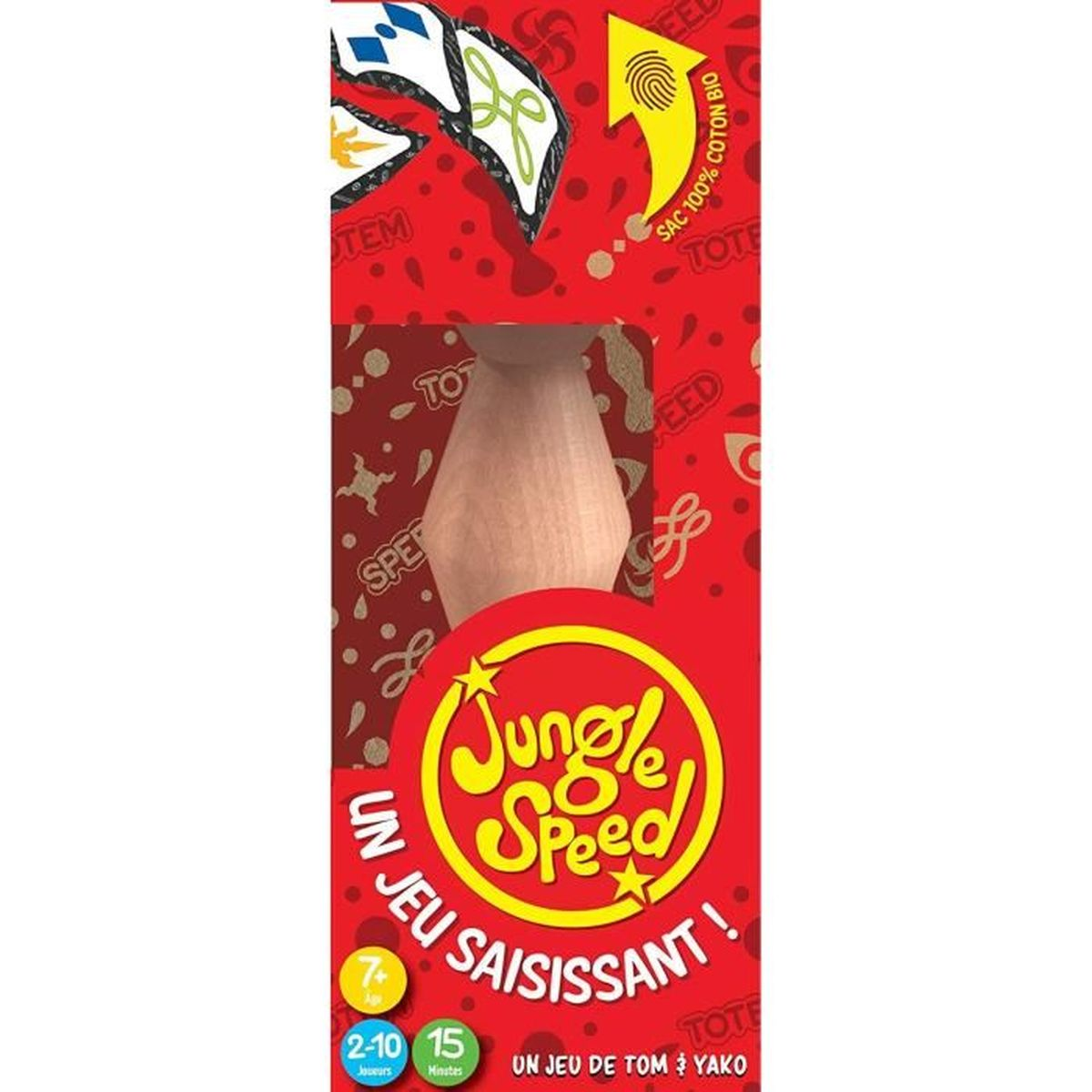 Rode doos met 'Jungle Speed' in geel. Houten totem zichtbaar. Tekst: 'Un jeu saisissant!', leeftijd 7+, en katoen info.