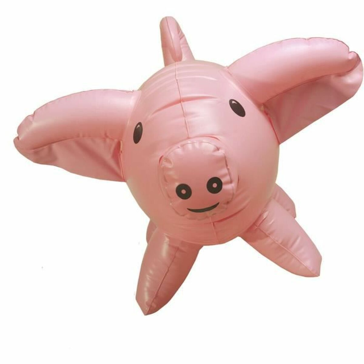 Un maiale gonfiabile rosa con occhi neri e bocca sorridente. Ha ali e quattro zampe, su sfondo bianco.