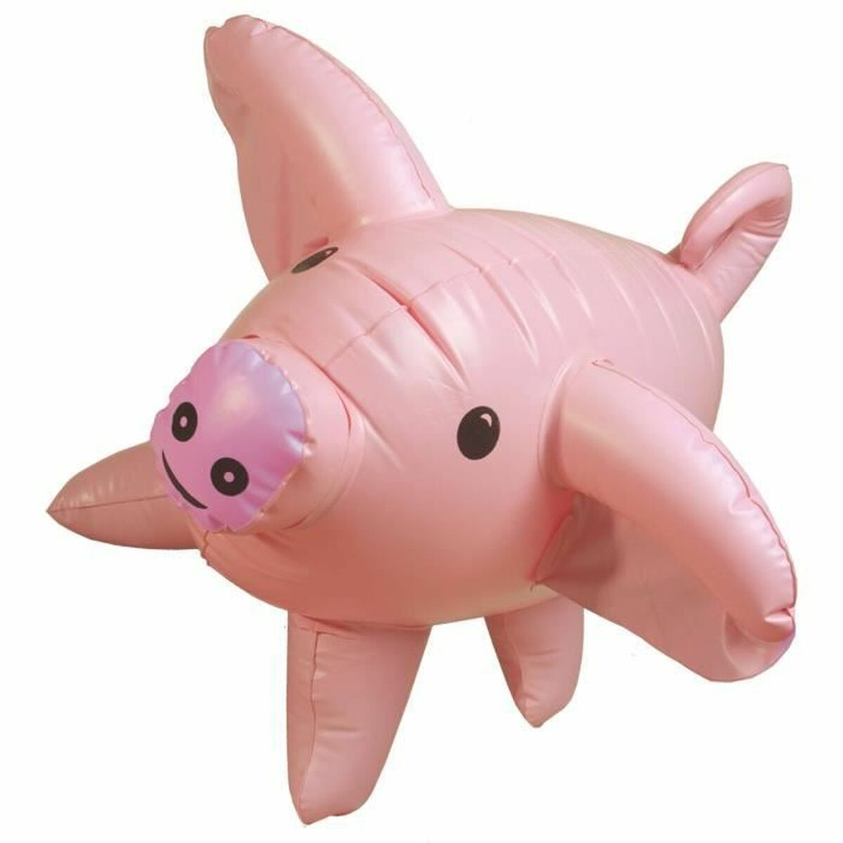 Un maiale gonfiabile rosa con occhi neri e un volto sorridente. Ha quattro zampe, orecchie e una coda rotonda.