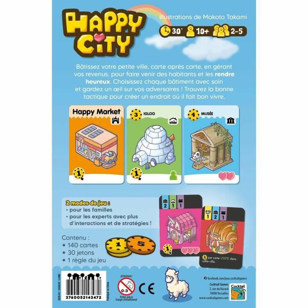 Kartenspiel-Box-Art mit Stadtthema. Gebäude, Spielsteine und ein Lama. Text auf Französisch.