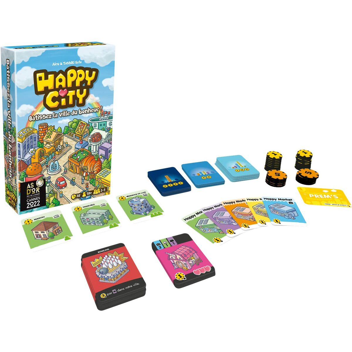 Ein Brettspiel "Happy City" mit Karten, Spielsteinen und Gebäuden. Helle Farben und Cartoon-Illustrationen dominieren die Szene.