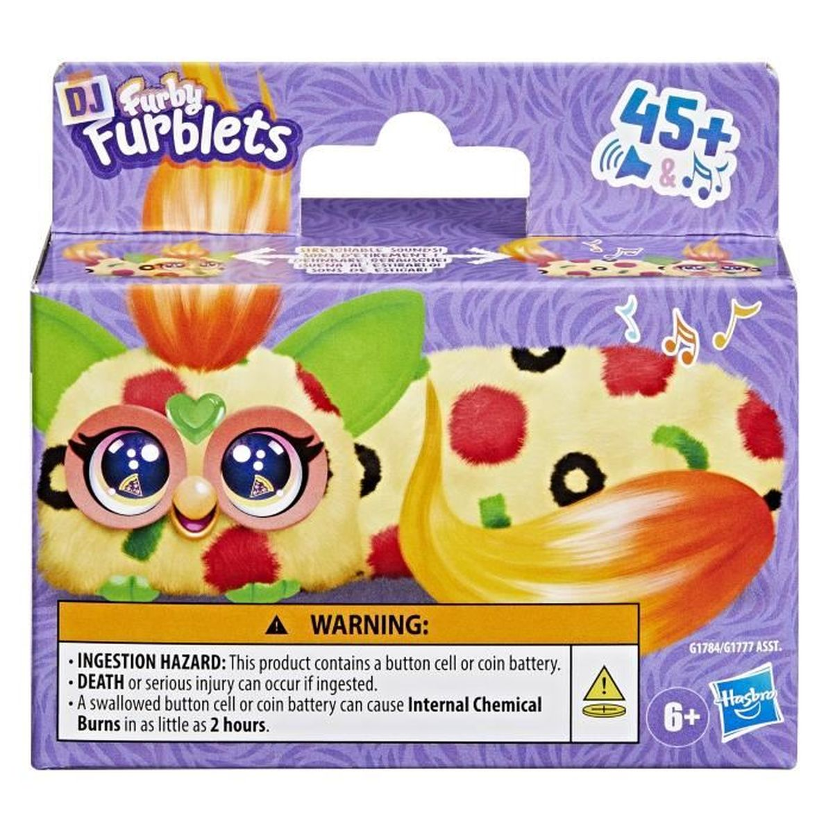 Verpackungsdesign für ein Furblets-Spielzeug. Zeigt einen Pizza-Furby mit Warnhinweisen, Alter 6+ und Hasbro-Marke.