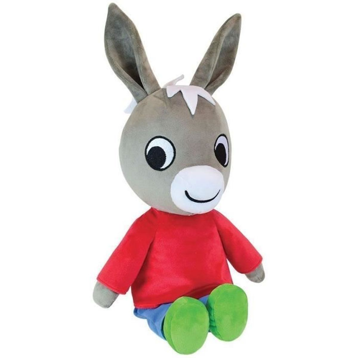 Un peluche de burro con cabeza gris, orejas grandes, camisa roja, pantalones azules y pies verdes. Tiene ojos grandes y una sonrisa.