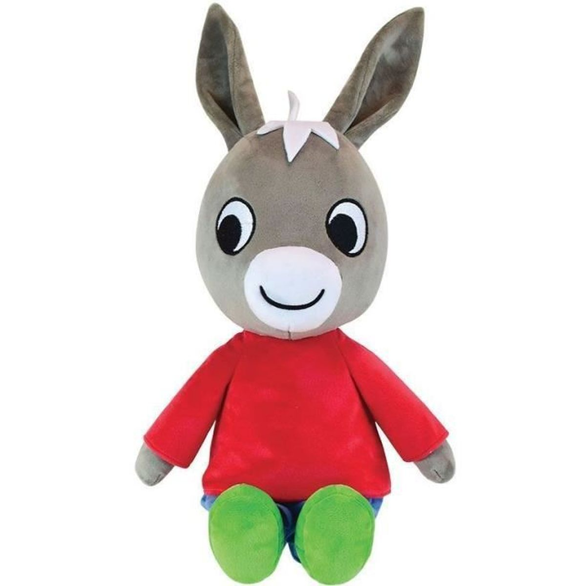 Un juguete de peluche de burro, cabeza gris, orejas largas, camisa roja, pies verdes. Tiene ojos grandes y una sonrisa.