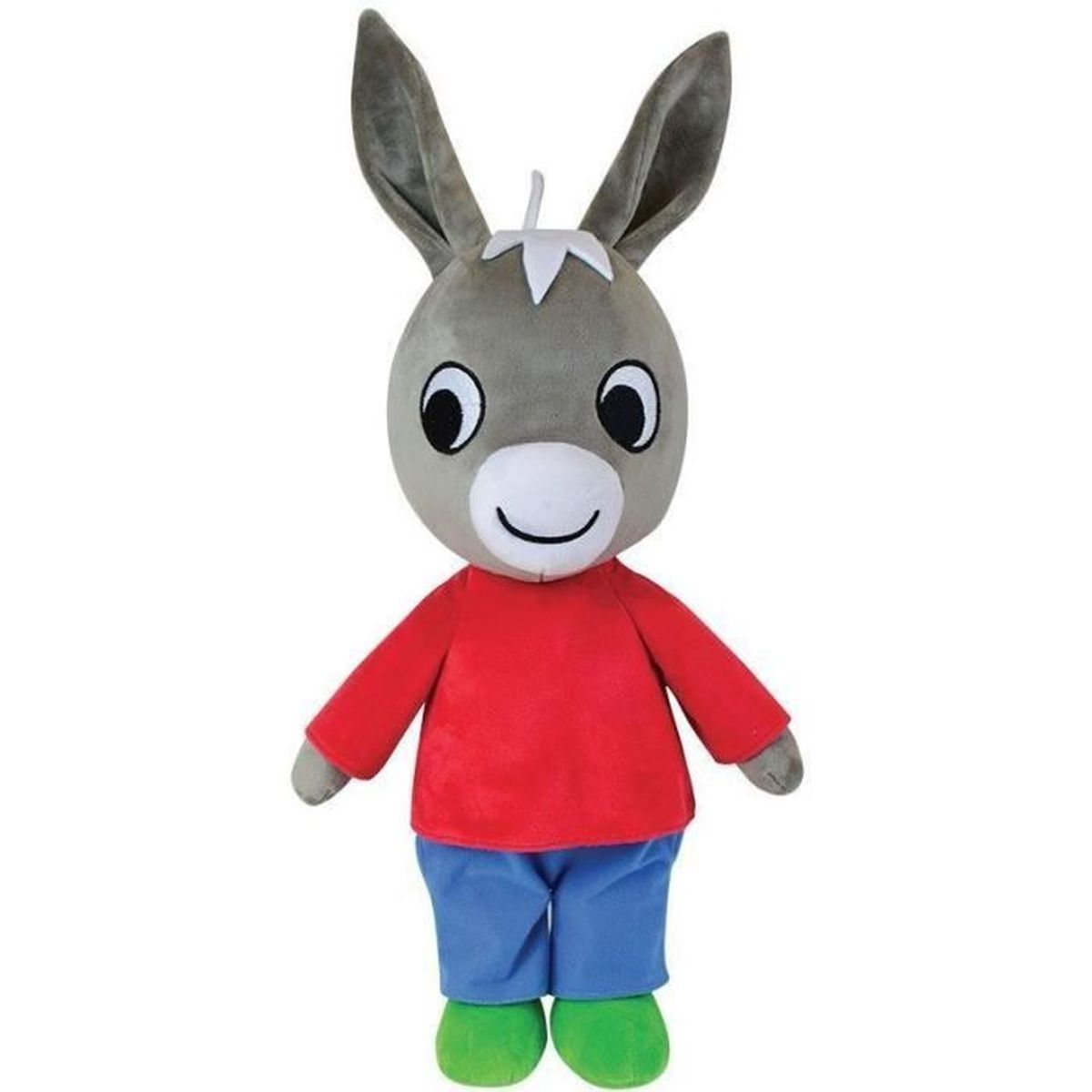 Un peluche de burro con camisa roja, pantalones azules y zapatos verdes. Tiene orejas grandes y una cara sonriente.