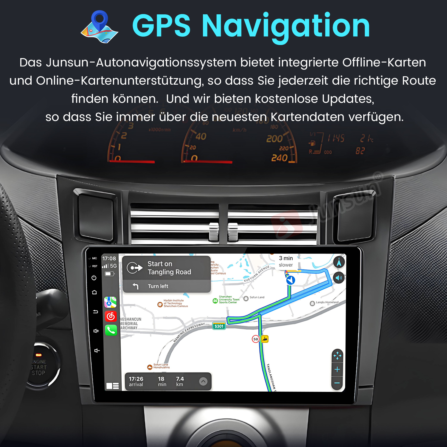 Auto-Dashboard mit GPS-Navigation, Karte, Geschwindigkeit und anderen Fahrinformationen.