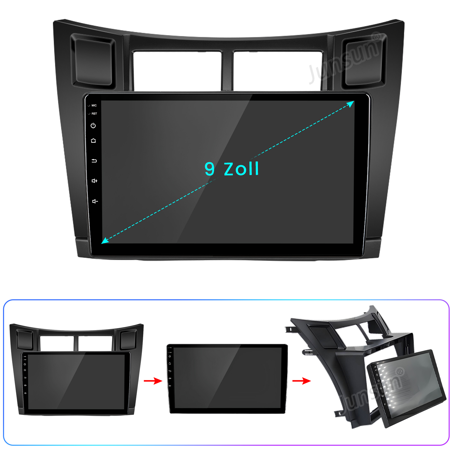 Ein Autoradiosystem mit einem 9-Zoll-Bildschirm wird angezeigt. Der Bildschirm ist schwarz, mit Touch-Tasten an der Seite.