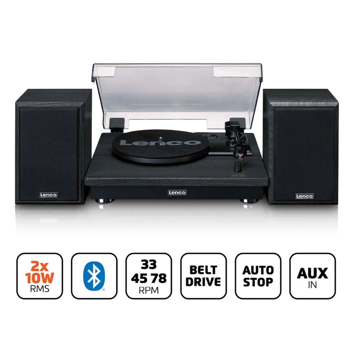 Gramofon Lenco z dwoma głośnikami. Ikony pokazują funkcje, takie jak Bluetooth, RPM, napęd paskowy, automatyczne zatrzymanie i AUX.