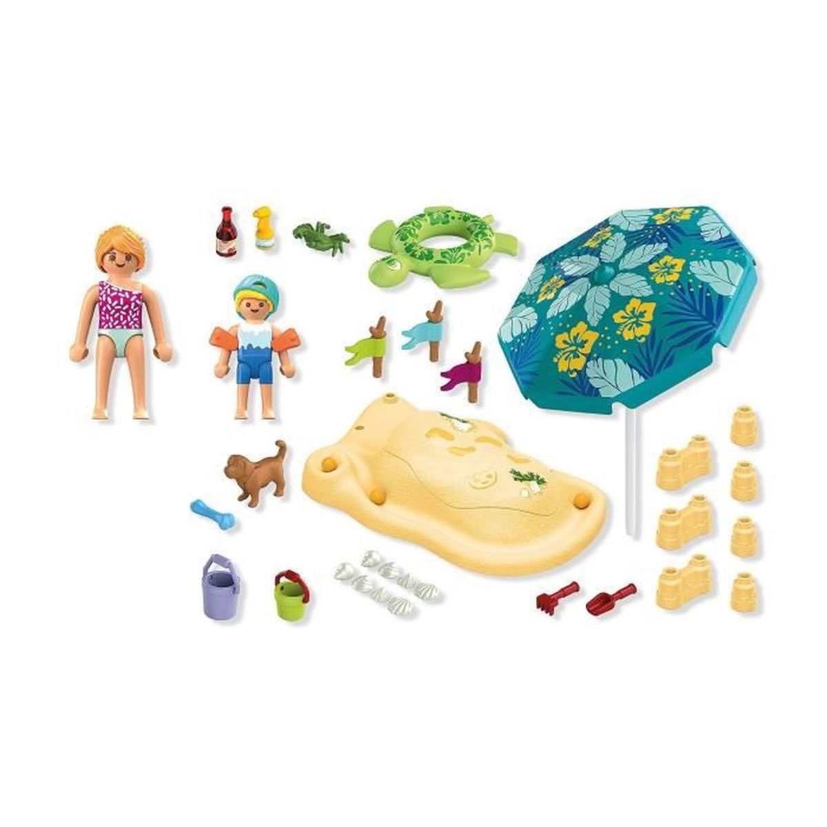 Scena spiaggia con personaggi Playmobil, ombrellone, salvagente tartaruga, castello di sabbia e accessori. Personaggi in costume da bagno. Vari colori.