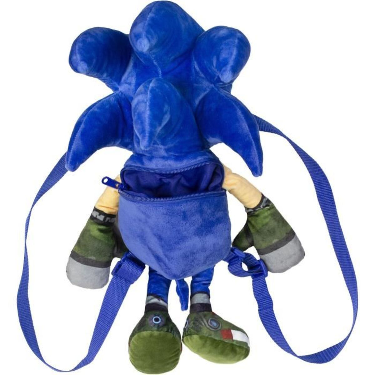 Una mochila azul de Sonic. Tiene un bolsillo con cremallera, correas azules y presenta el diseño de Sonic con detalles verdes y beige.