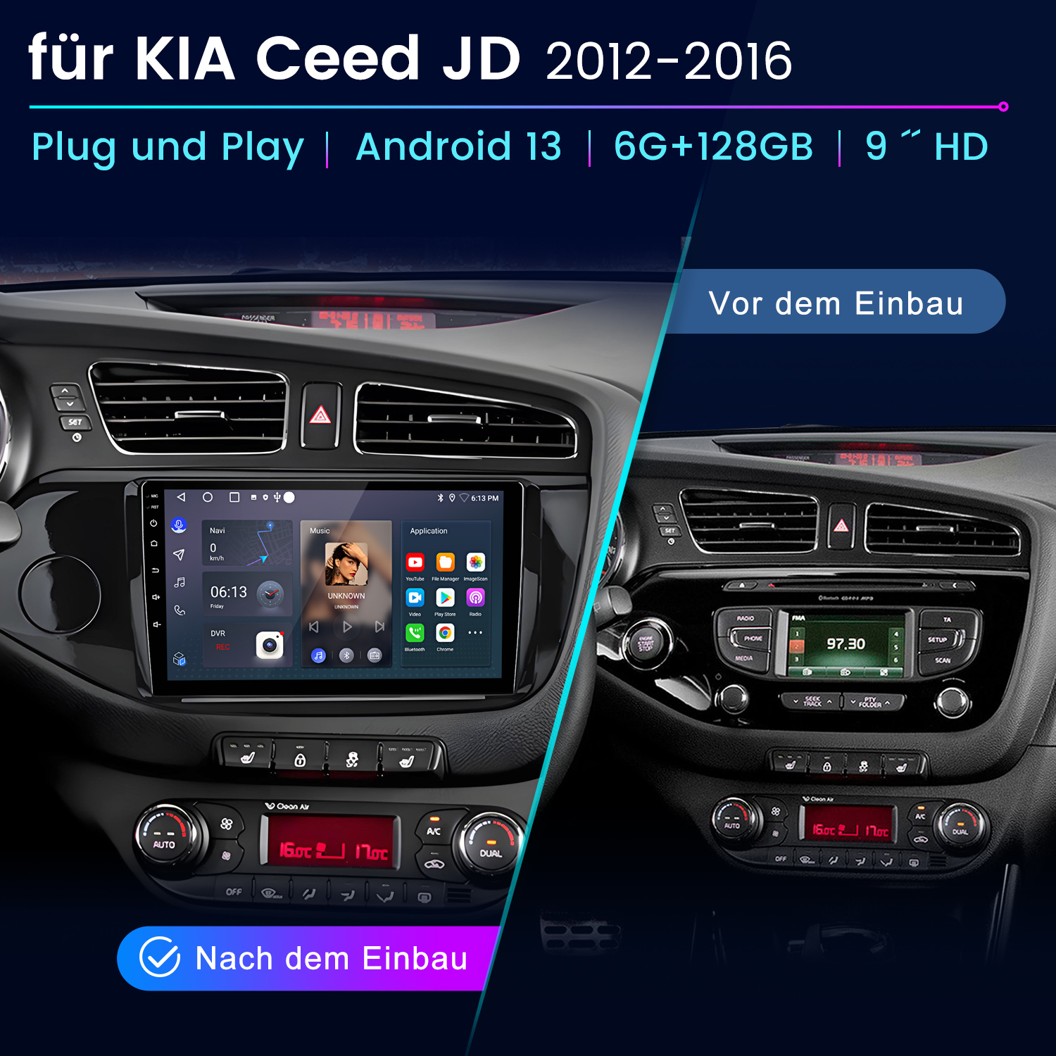 Autotafel mit Vorher-Nachher-Installation eines neuen Infotainmentsystems. Der Bildschirm zeigt Musik- und Radioeinstellungen.