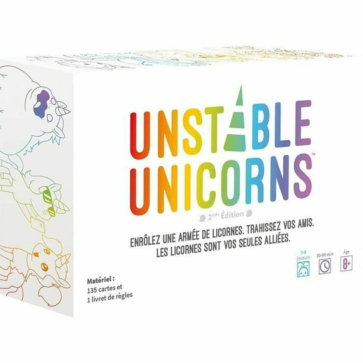 La caja del juego Unstable Unicorns. Tiene un logo de arcoíris y el texto en francés. Tiene ilustraciones de unicornios en la caja.
