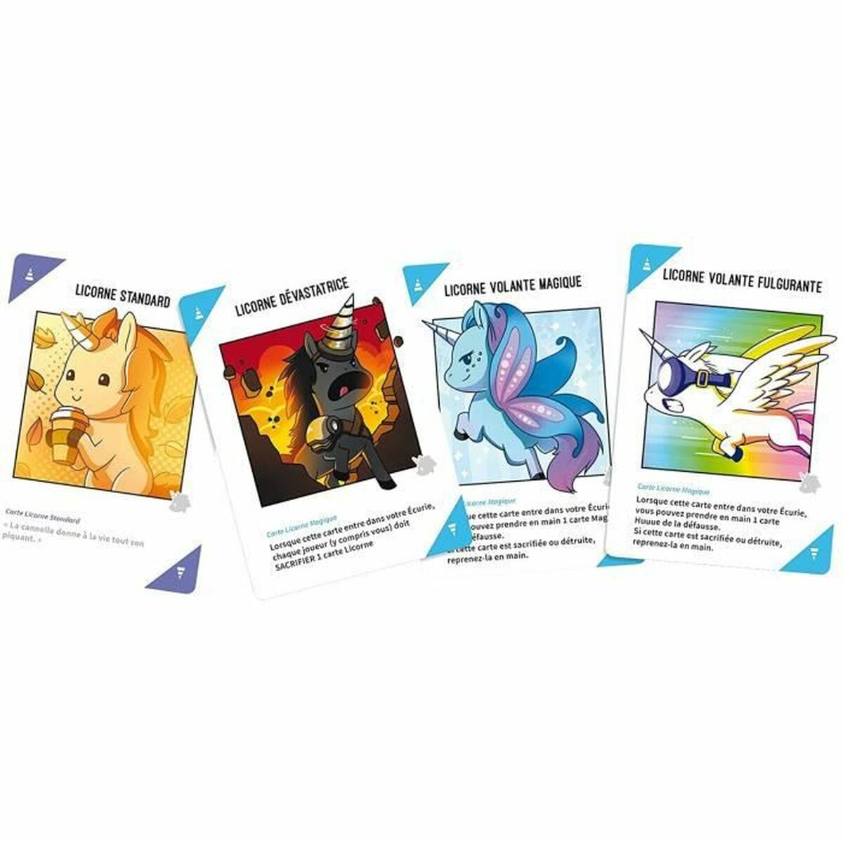 Cuatro cartas de unicornio con diferentes diseños y nombres. Cada carta tiene una imagen diferente de un unicornio y texto.