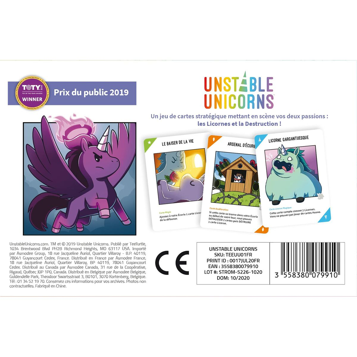 Caja del juego de cartas. Unicornio morado con alas. Texto: Unstable Unicorns, Prix du public 2019. Cartas con unicornios.