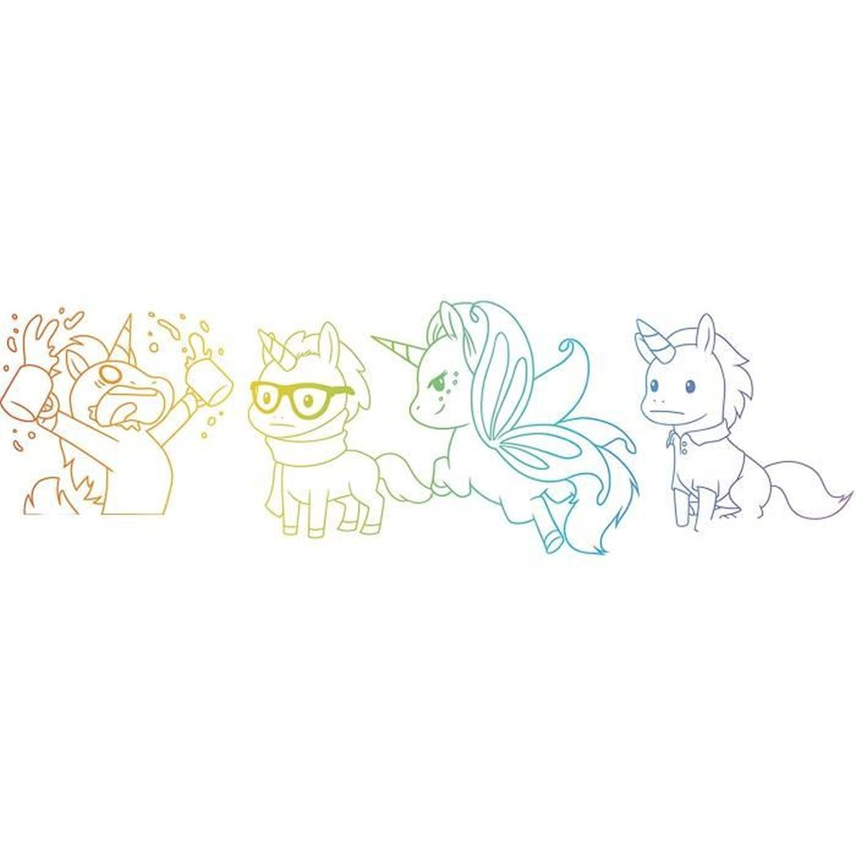 Unicornios de dibujos animados delineados. Uno vierte una bebida, uno lleva gafas, uno tiene alas y uno está triste, todo sobre fondo blanco.