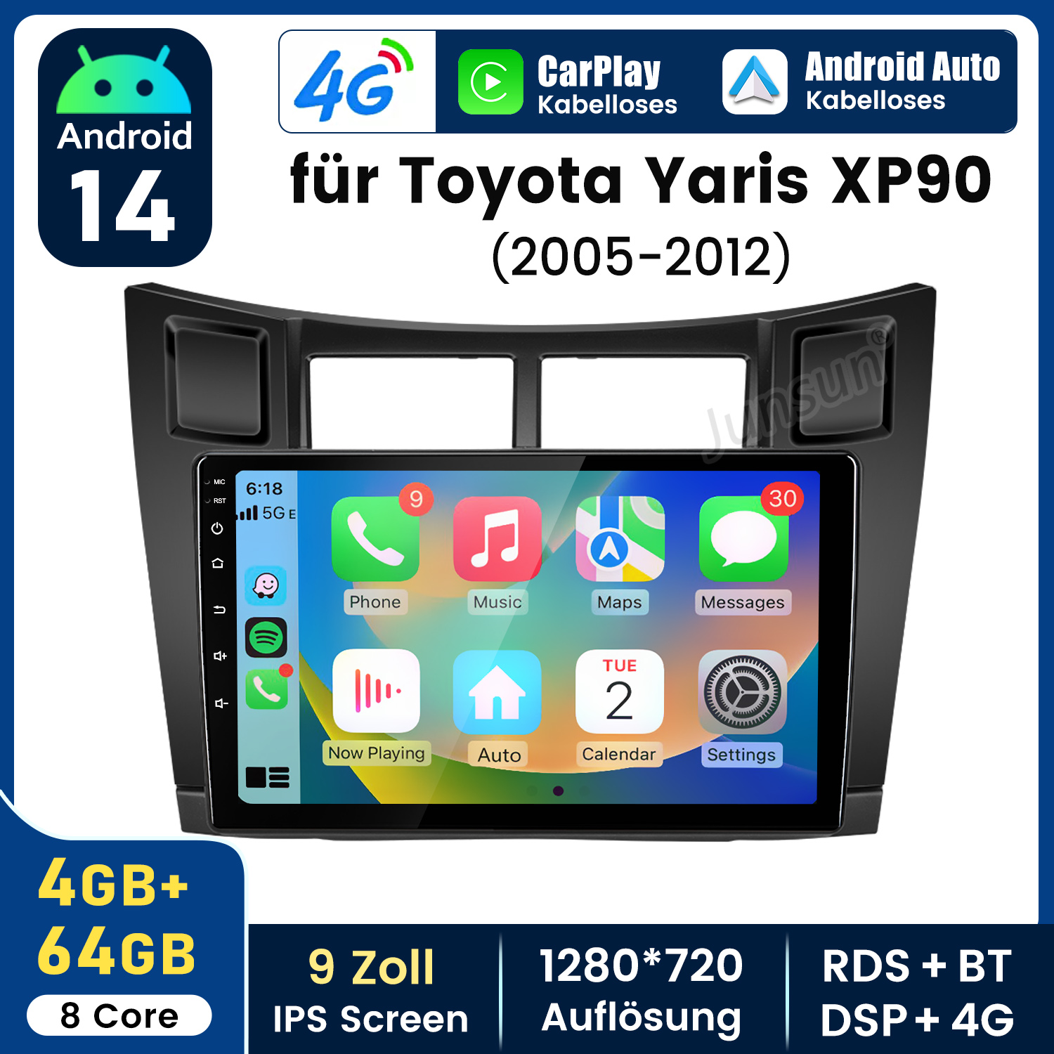 Ein Autoradio mit Touchscreen, das App-Symbole anzeigt. Es verfügt über Android 14 und CarPlay-Funktionen, konzipiert für Toyota Yaris XP90.