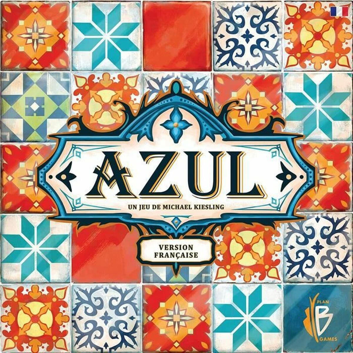 Die Azul-Brettspielbox. Sie hat bunte Fliesen, den Titel 'AZUL' und die Worte 'Version Française'. Die französische Flagge ist sichtbar.
