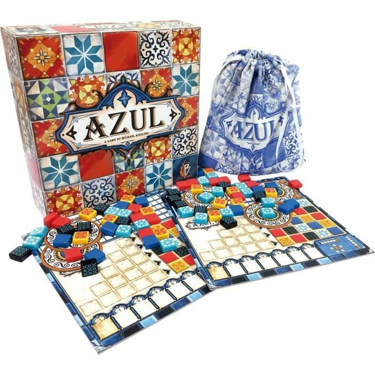 Azul Brettspielset. Box mit bunten Kacheln, Spielbretter mit Kacheln, blauer Beutel mit Kordelzug und Spielsteine auf weißer Oberfläche.