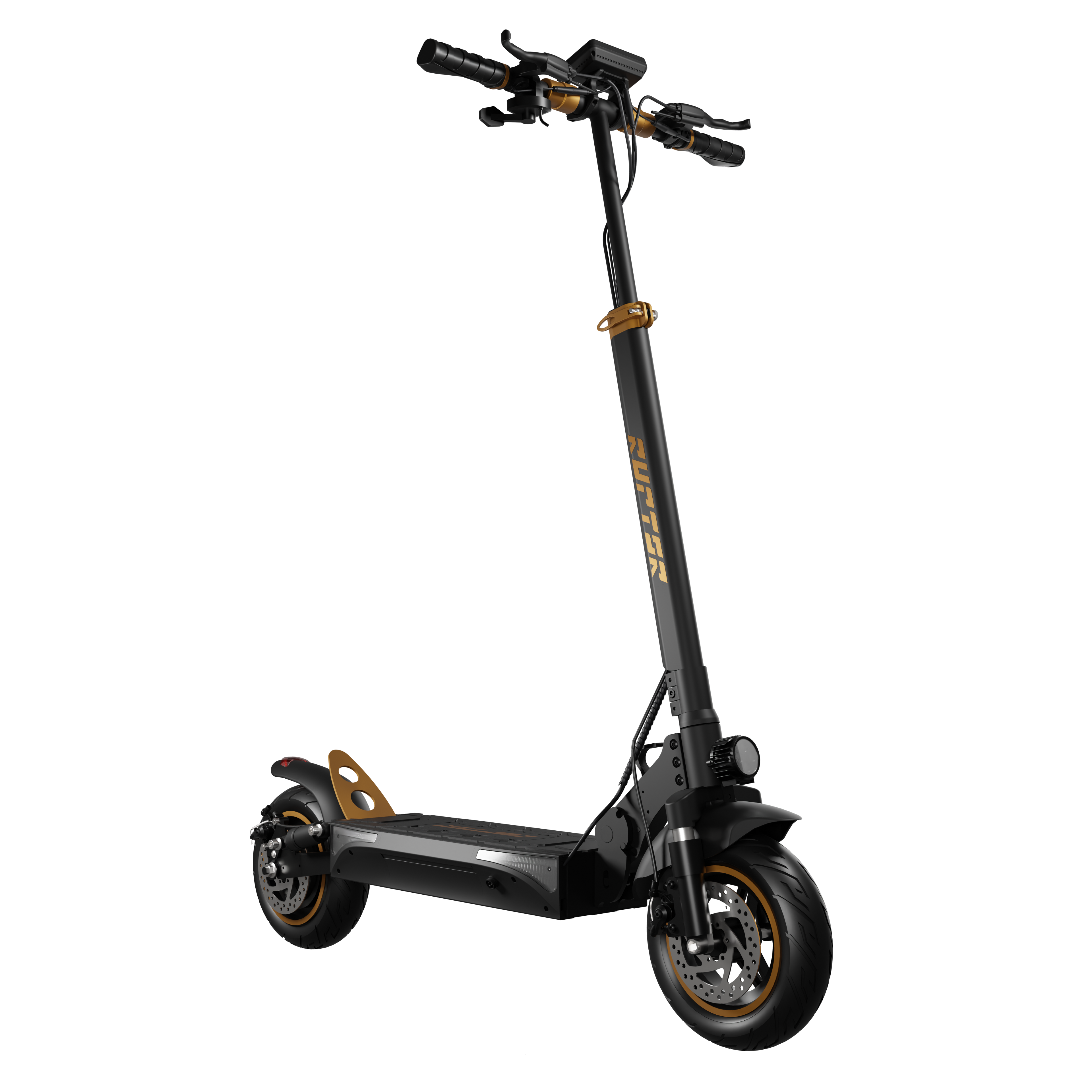 Czarna hulajnoga elektryczna ze złotymi akcentami na czarnym tle. Ma duże koła i wyświetlacz.