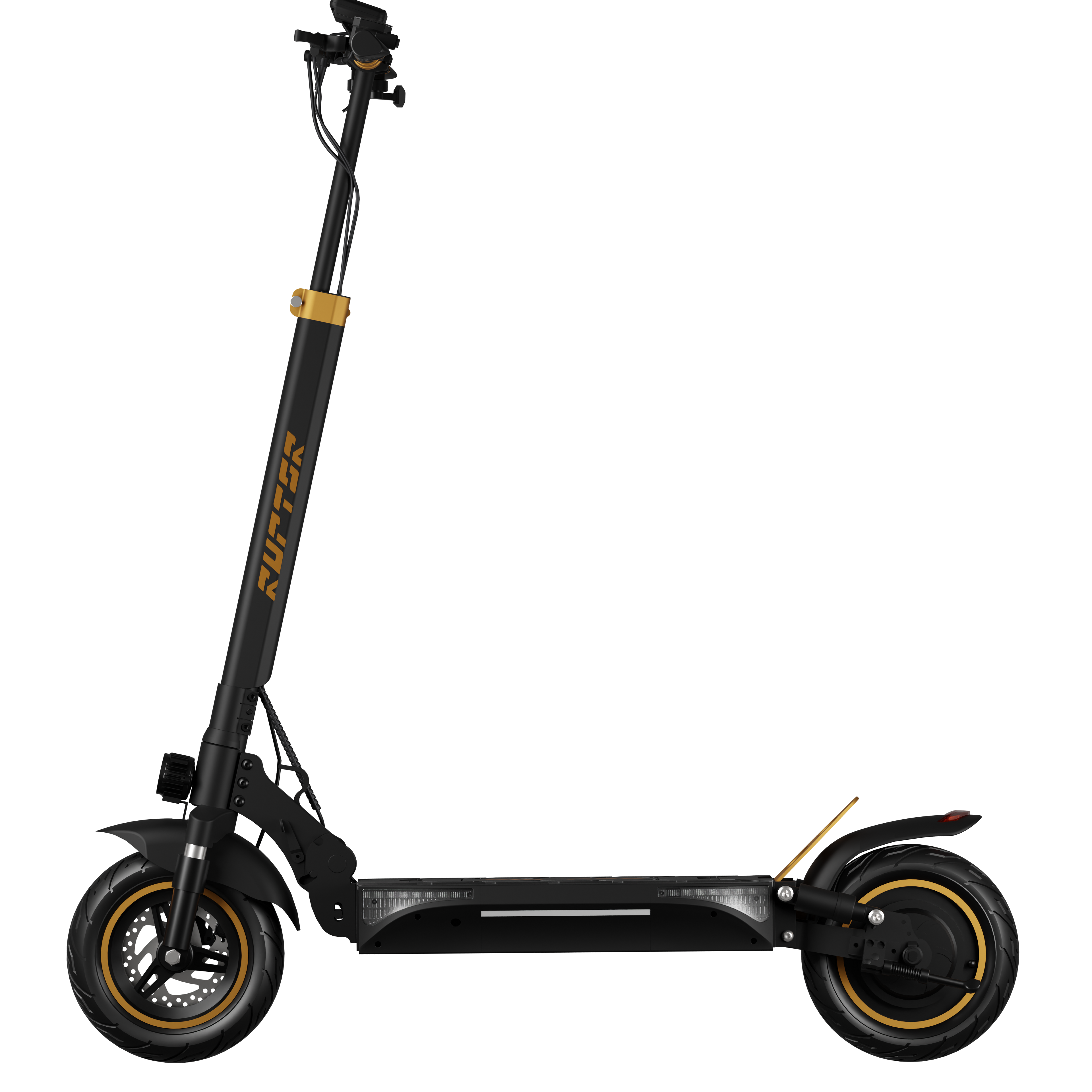 Czarna hulajnoga elektryczna ze złotymi akcentami. Pokazuje przednie koło, ramę i tylne koło na czarnym tle.