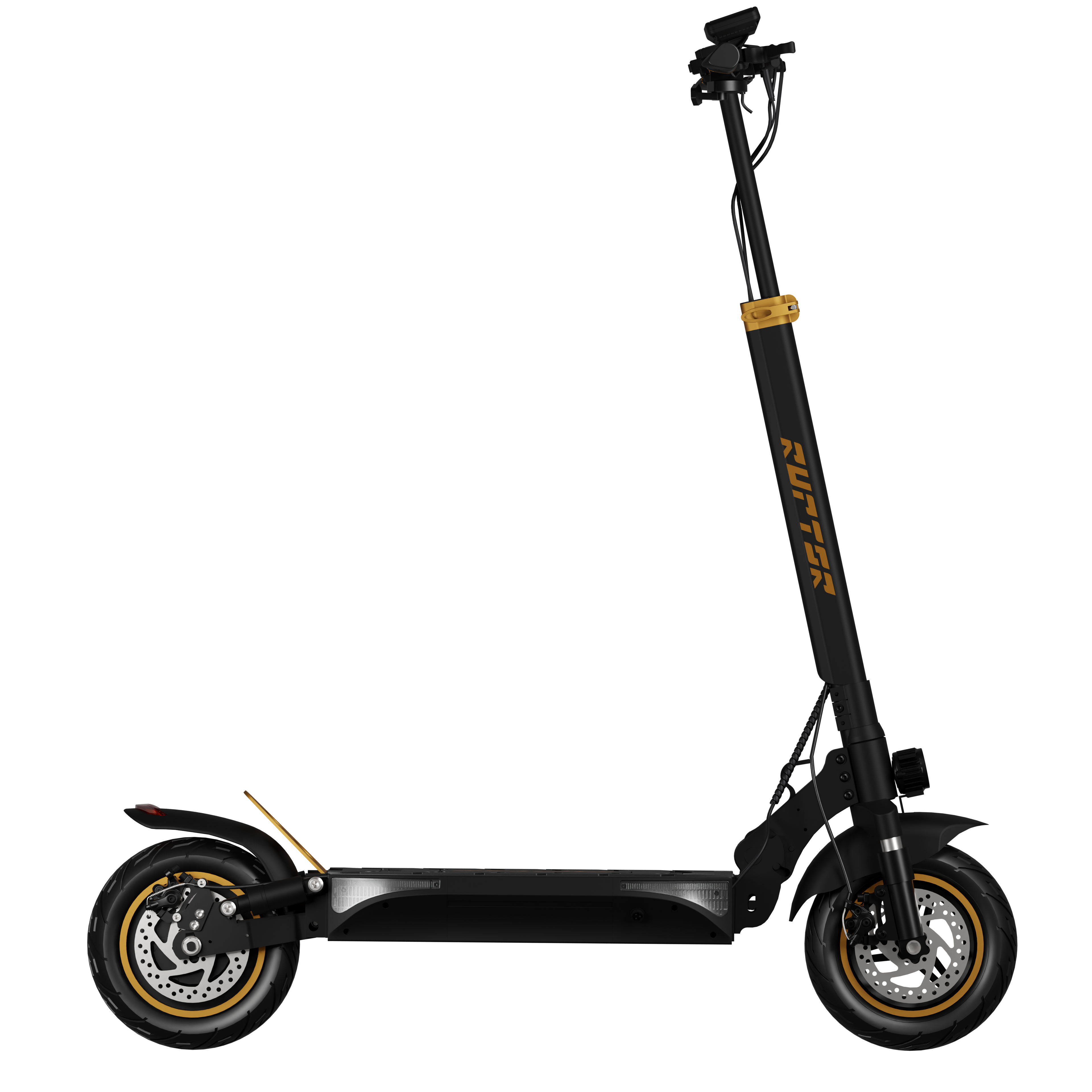 Czarna hulajnoga elektryczna ze złotymi akcentami na czarnym tle. Ma dwa koła i kierownicę.