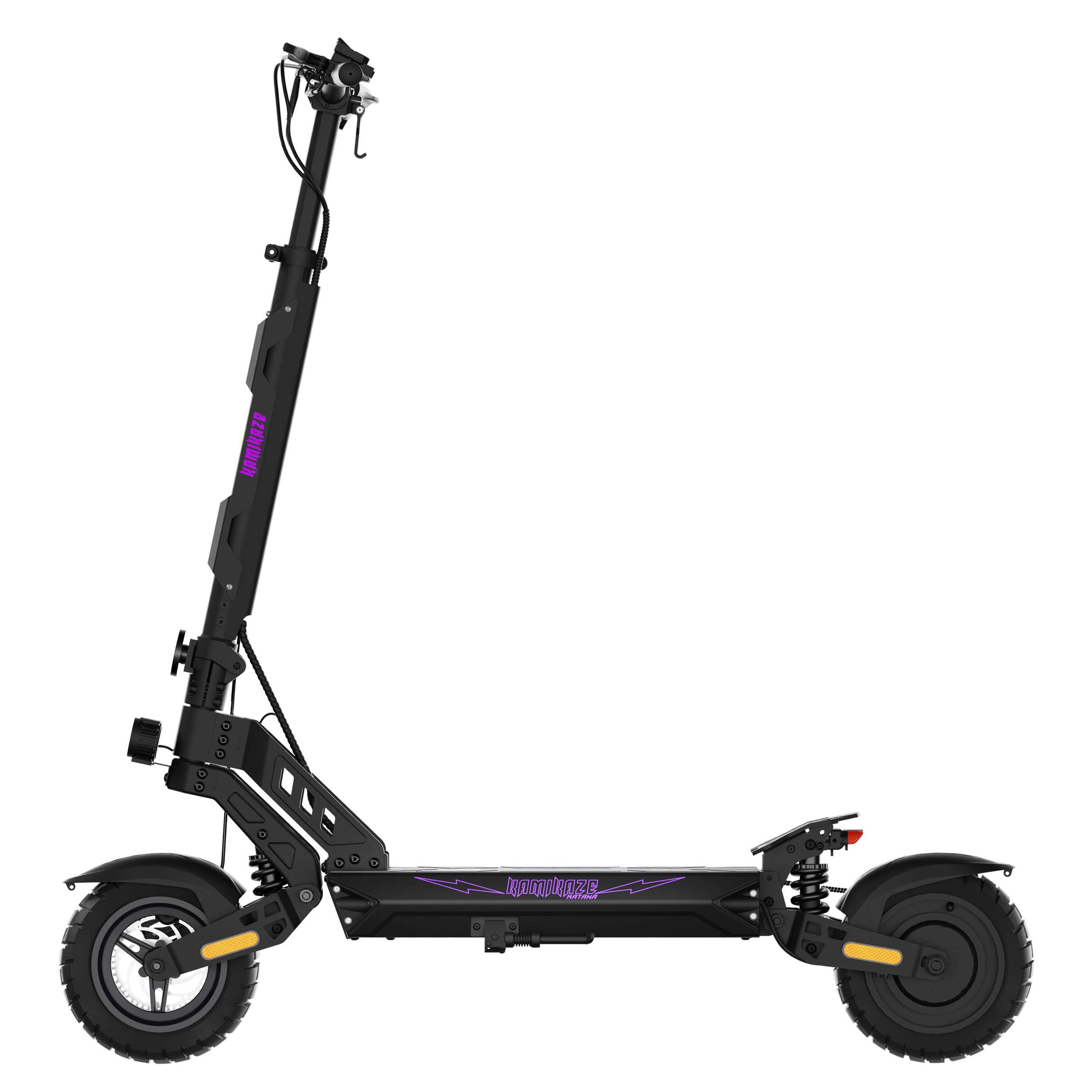 Scooter elettrico nero. Ha manubrio, pedana, ruote e sospensioni. Il marchio è Kamikaze con un fulmine viola.