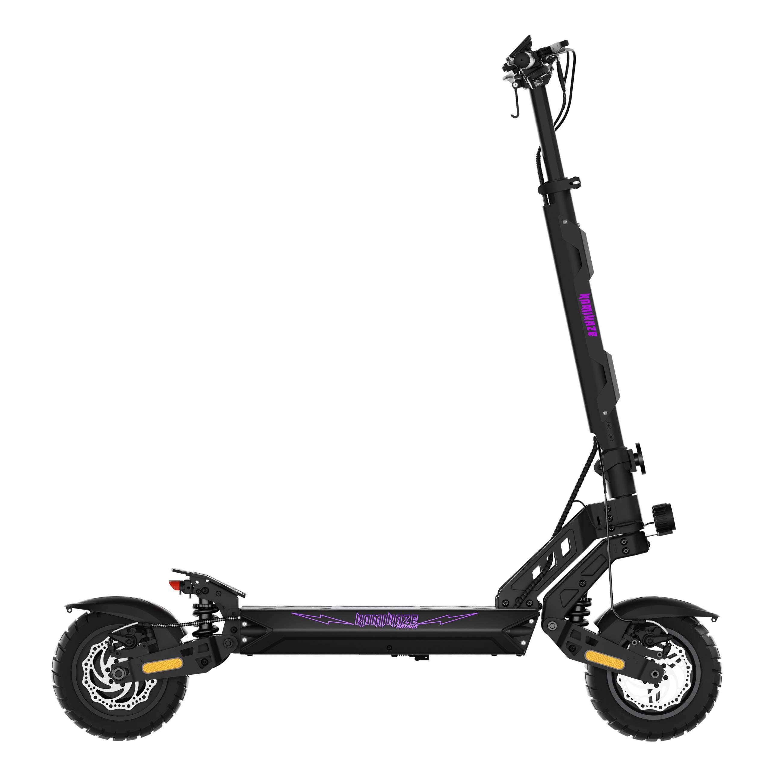Un monopattino elettrico nero con dettagli viola e la scritta 'Kamikaze', isolato su sfondo bianco.