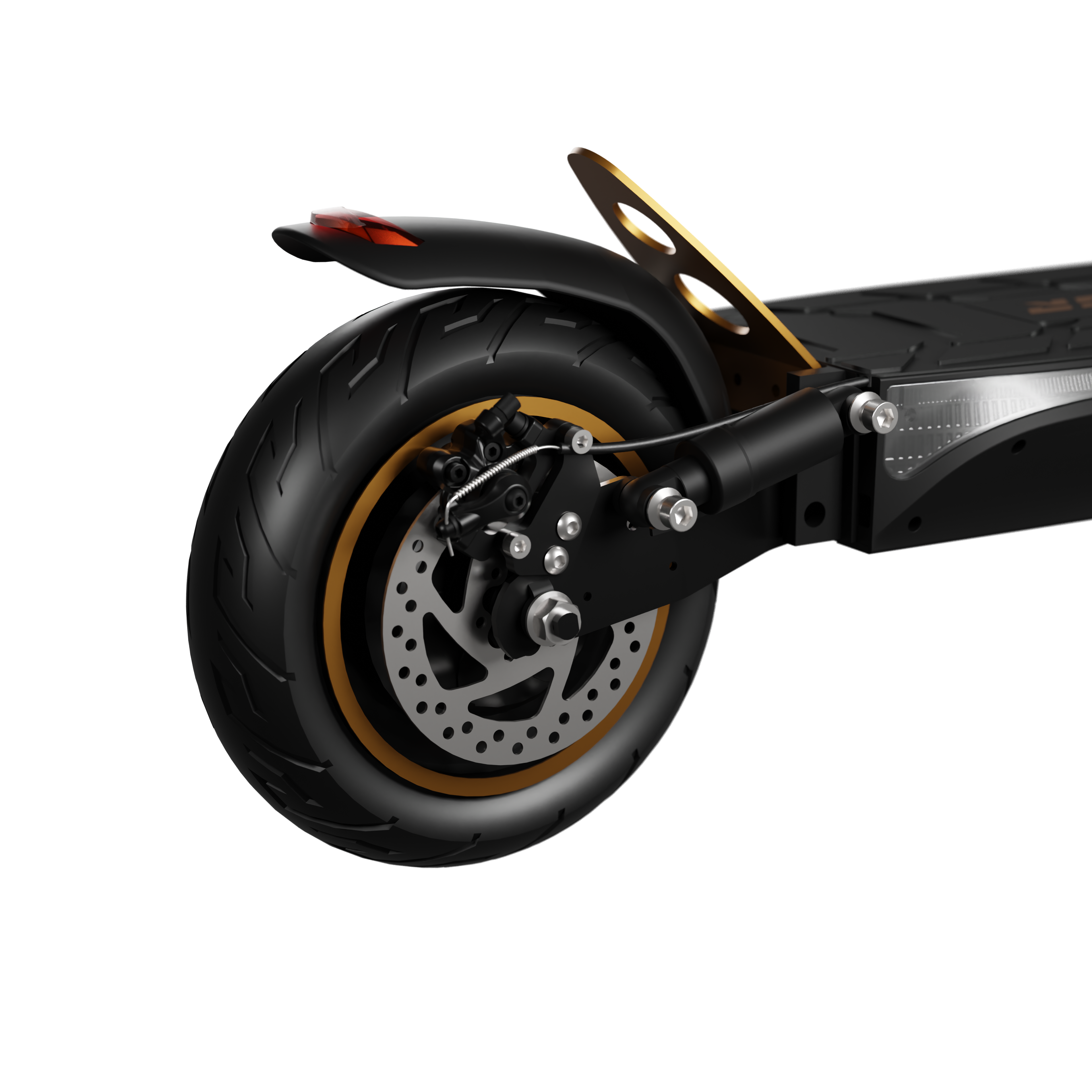 Zbliżenie tylnego koła hulajnogi elektrycznej, czarna opona ze złotą obręczą, hamulec tarczowy, czarna rama, czerwone światło tylne.