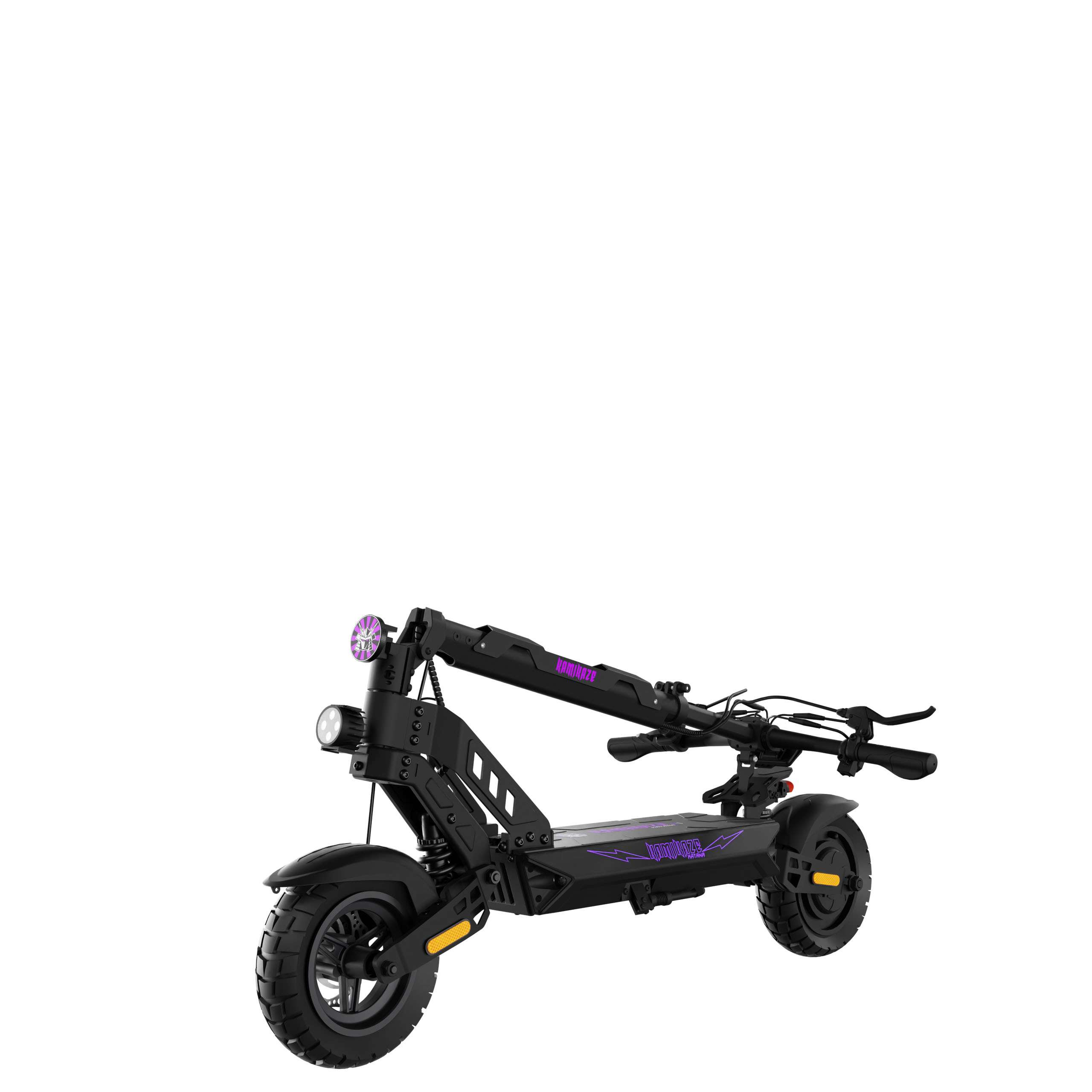 Scooter elettrico nero con dettagli e loghi viola. Ha due ruote grandi e un faro. Sfondo bianco.