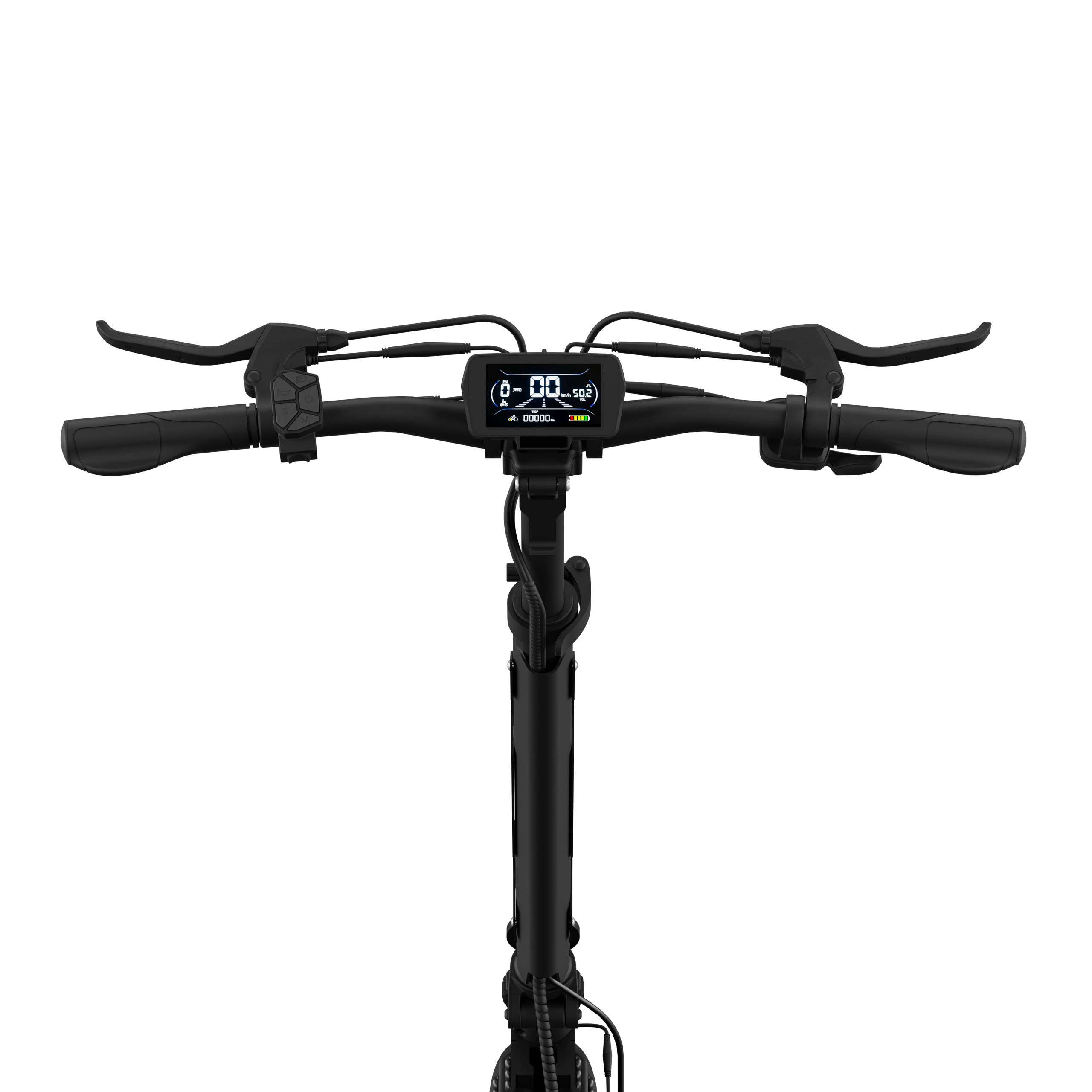 Manubrio di scooter elettrico nero. Visualizza velocità, batteria e altre metriche. Sono visibili leve dei freni e impugnature.