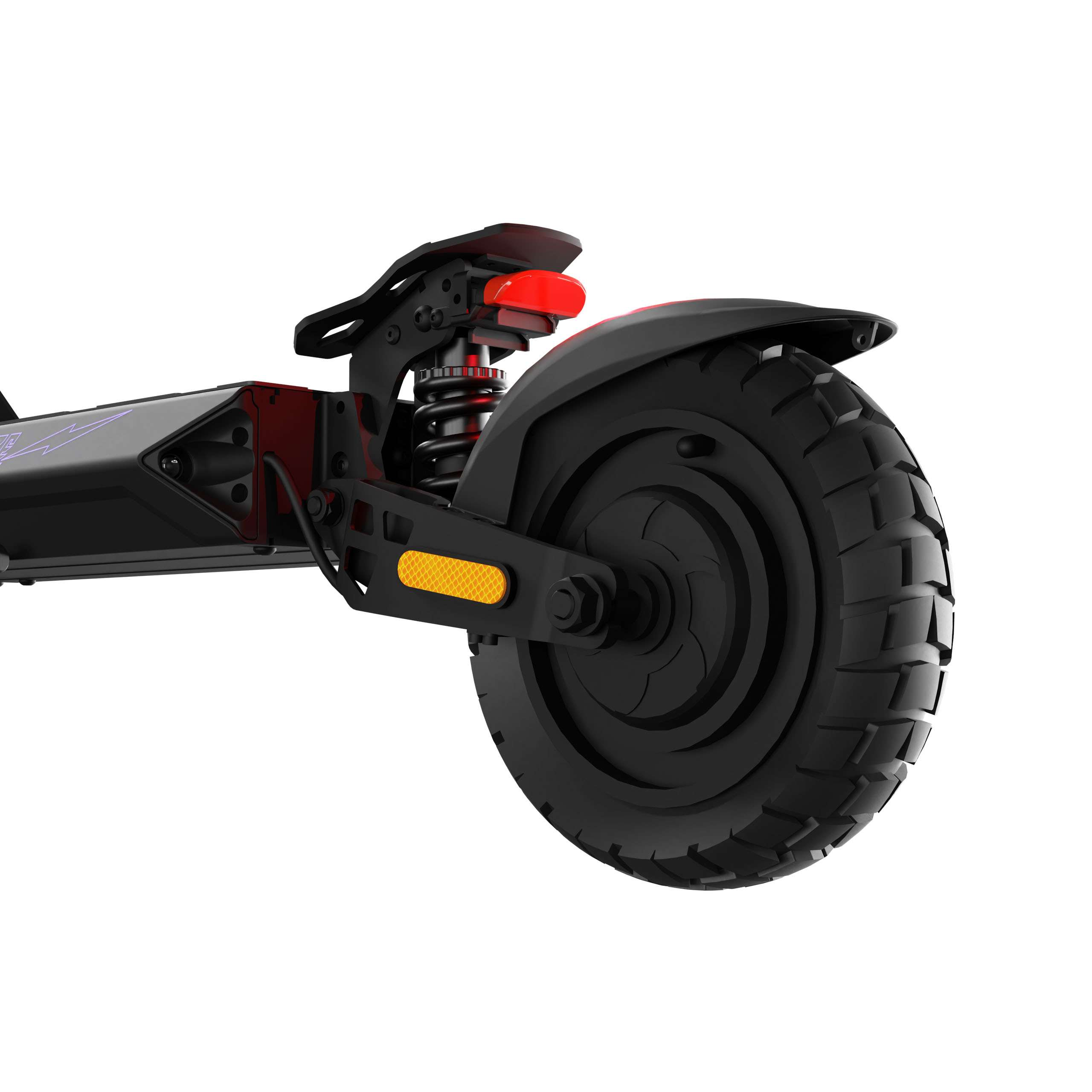 Dettaglio posteriore di scooter elettrico nero. Pneumatico nero, sospensioni, fanale posteriore rosso e parafango nero su sfondo bianco.